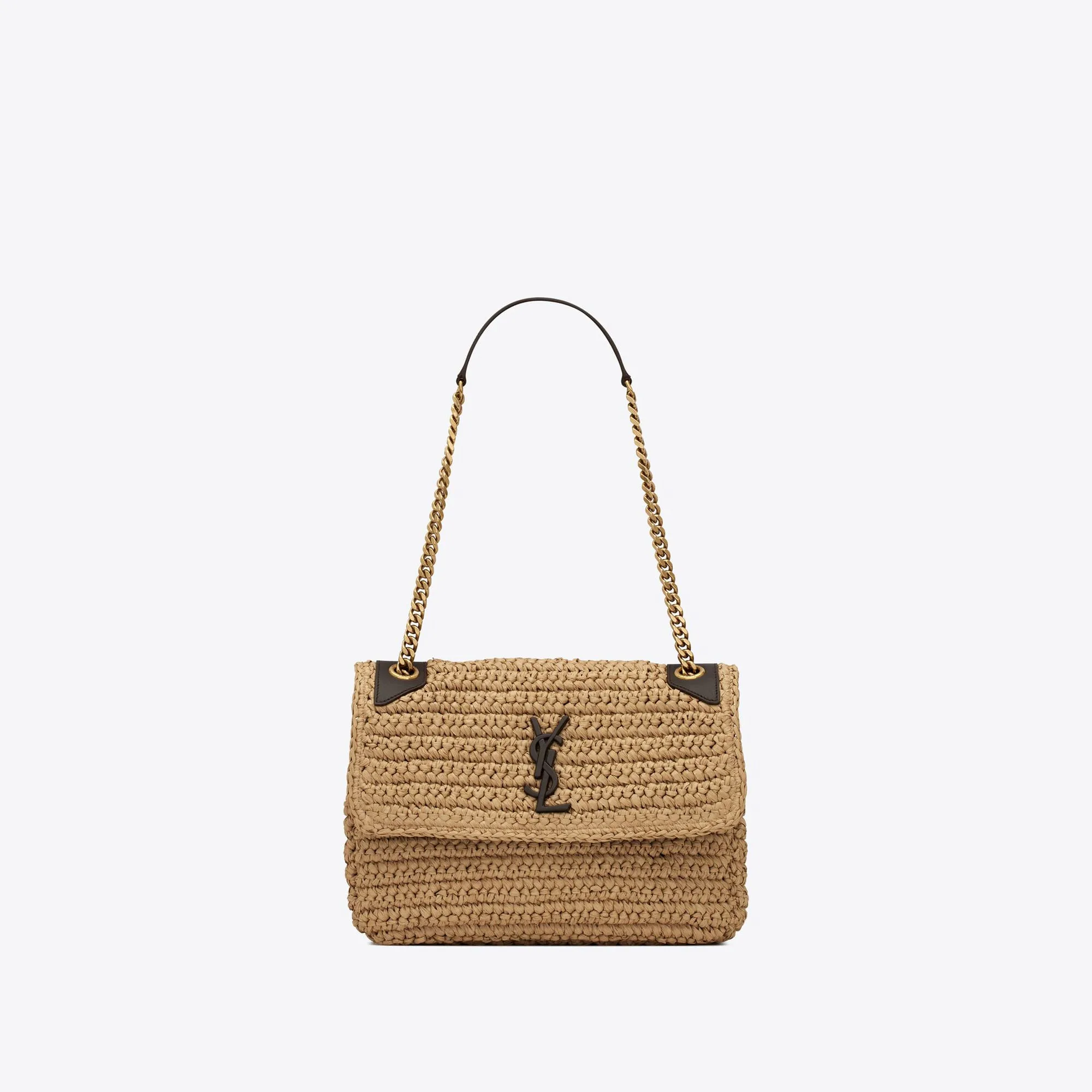 YSL replica designer bags niki medium chain bag in raffia and leather