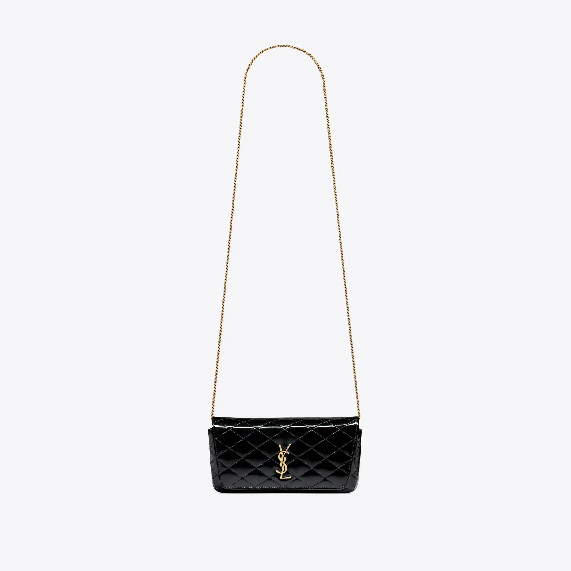 YSL replica designer bags gaby chain phone holder in quilted patent leather