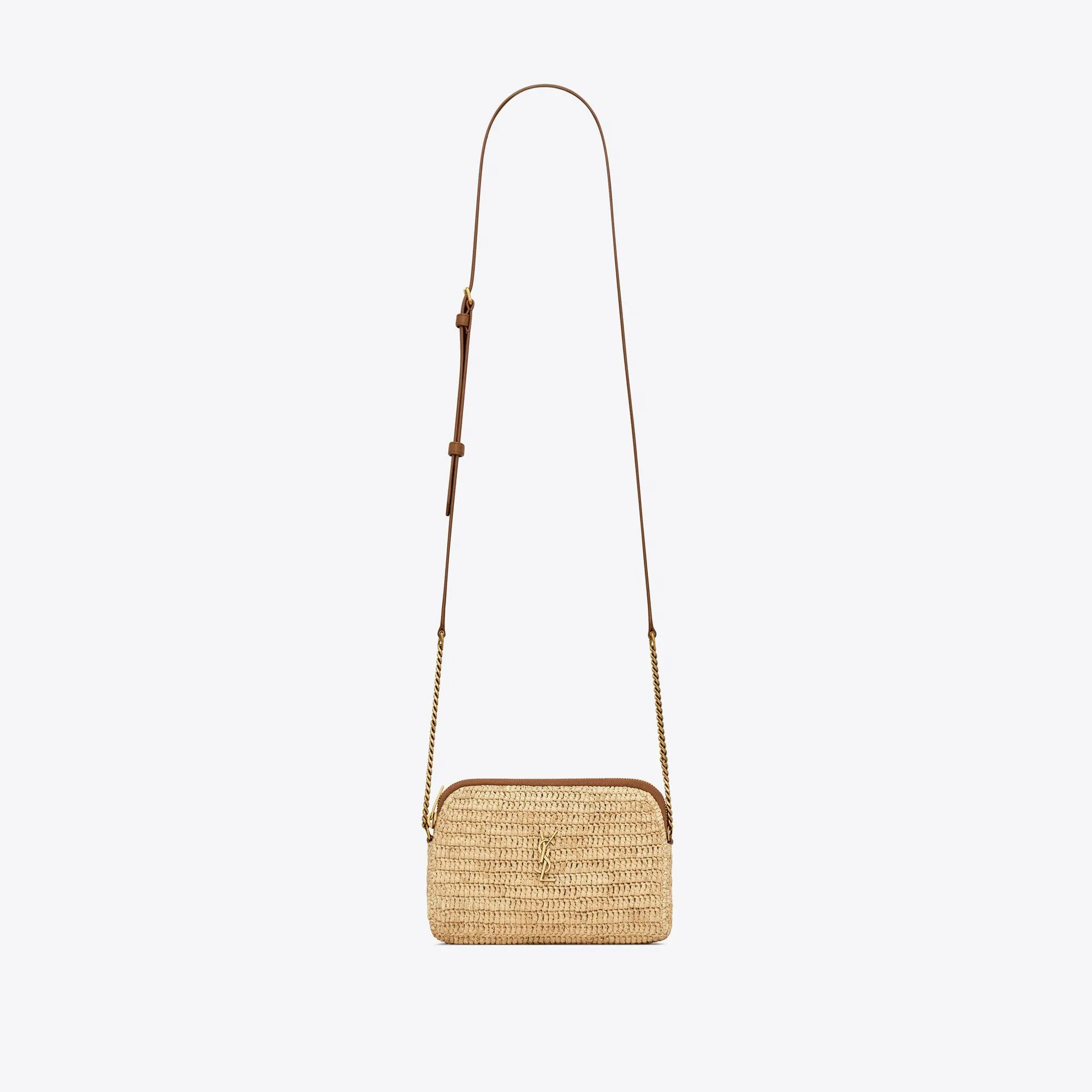 YSL replica designer bags gaby zipped pouch in raffia and vegetable-tanned leather