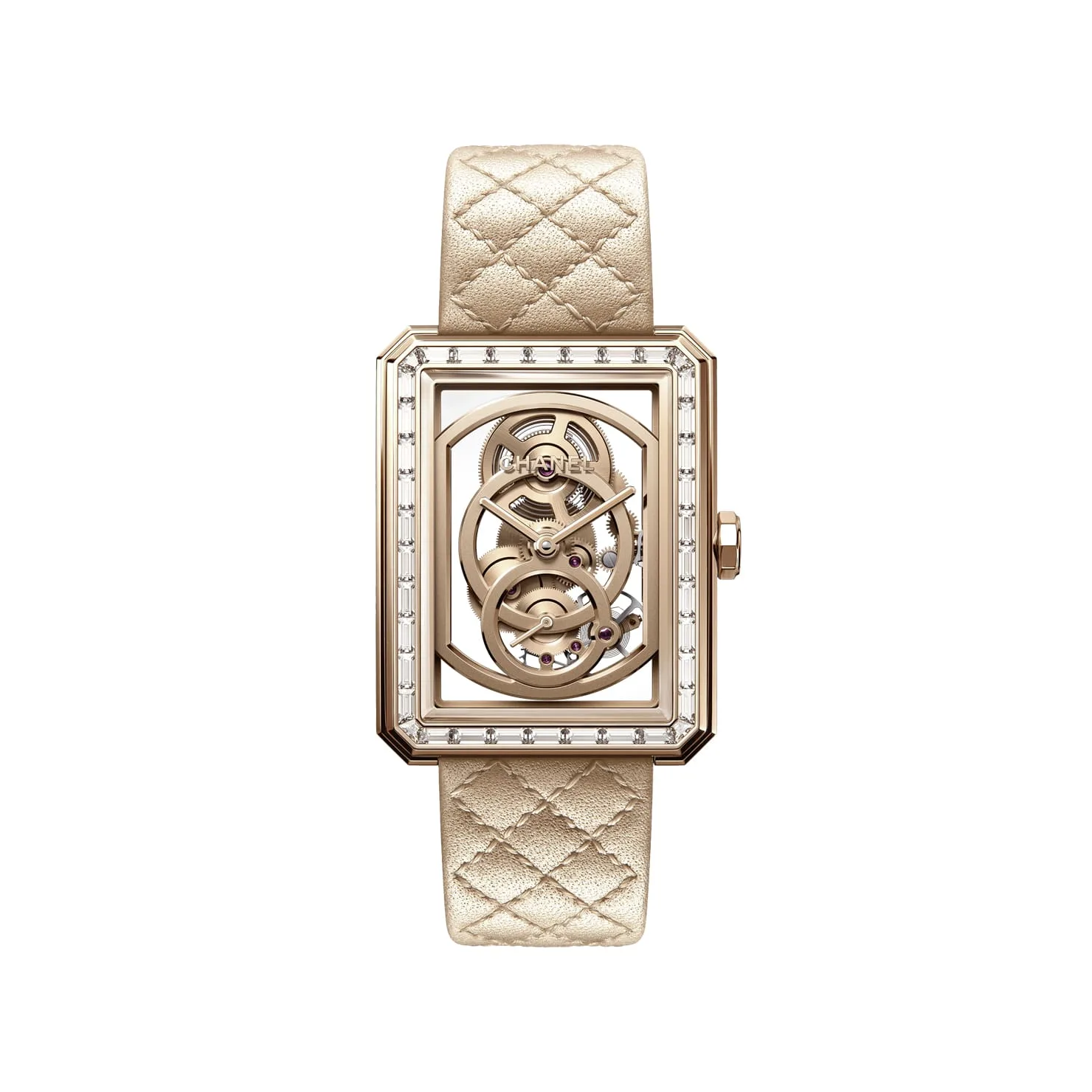 Fake Chanel Watch BOY FRIEND Skeleton Watch Large version BEIGE GOLD and diamonds golden brown quilted pattern calfskin strap