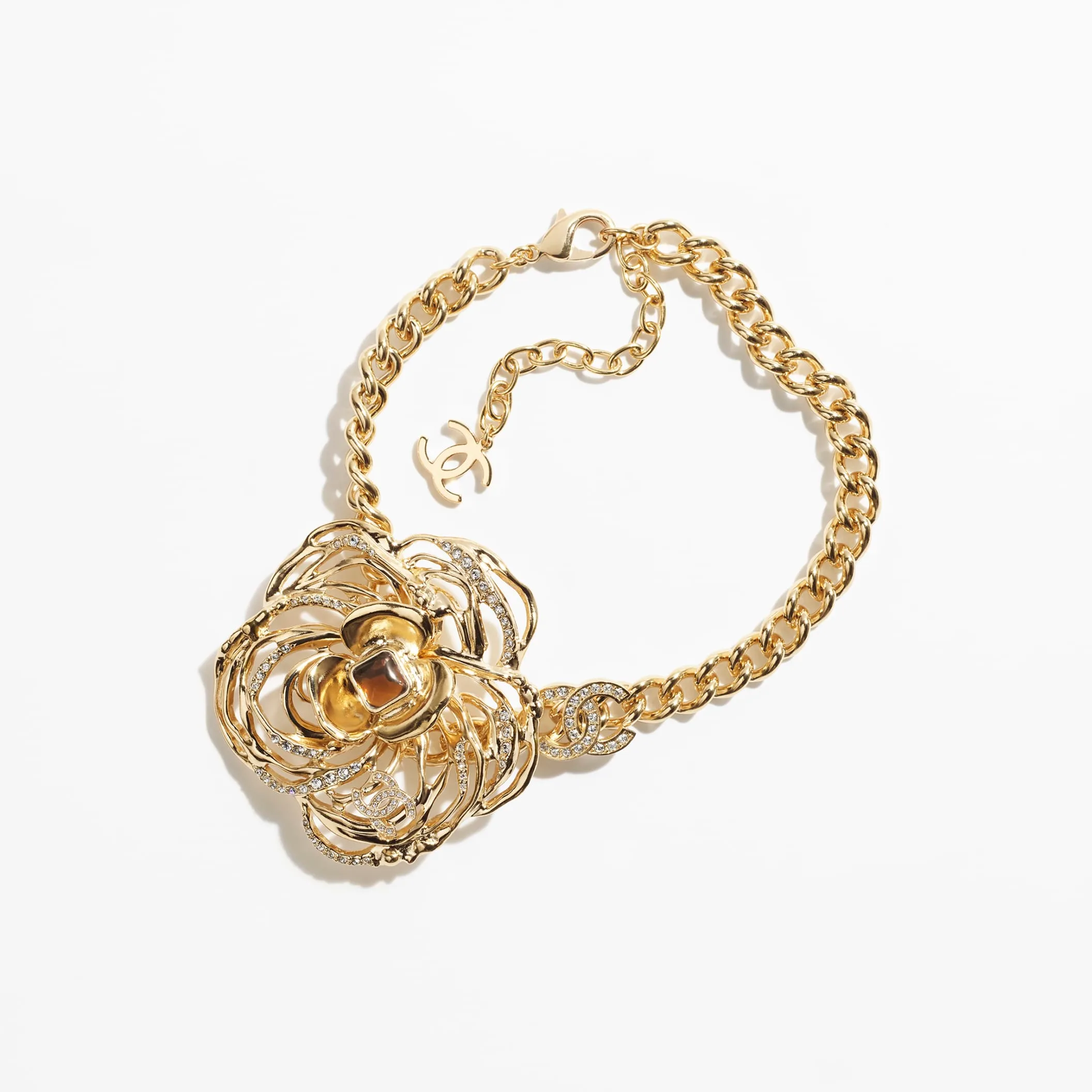 Gold brown & crystal choker fake chanel necklace
