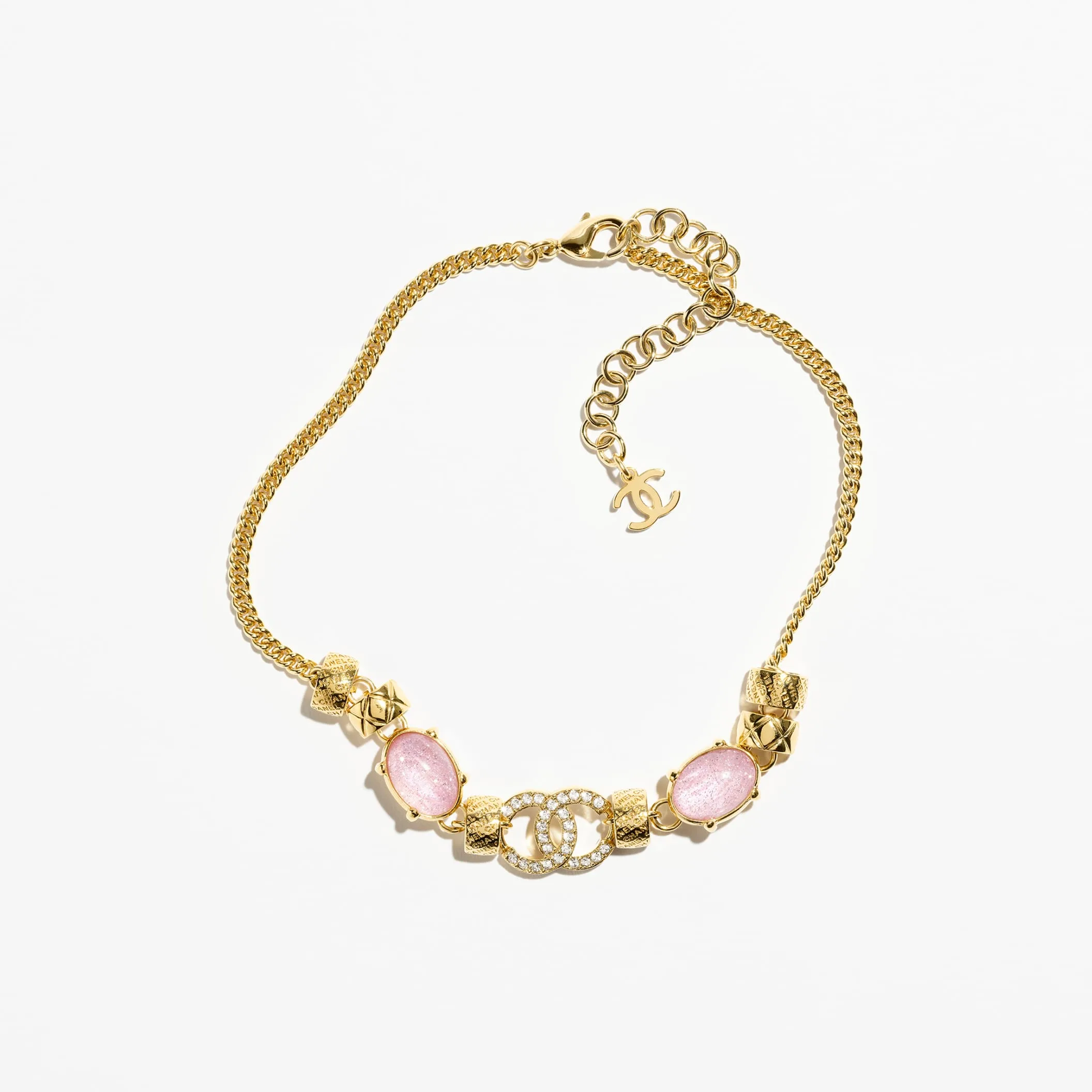 Gold Pearly Pink & Crystal choker fake chanel necklace