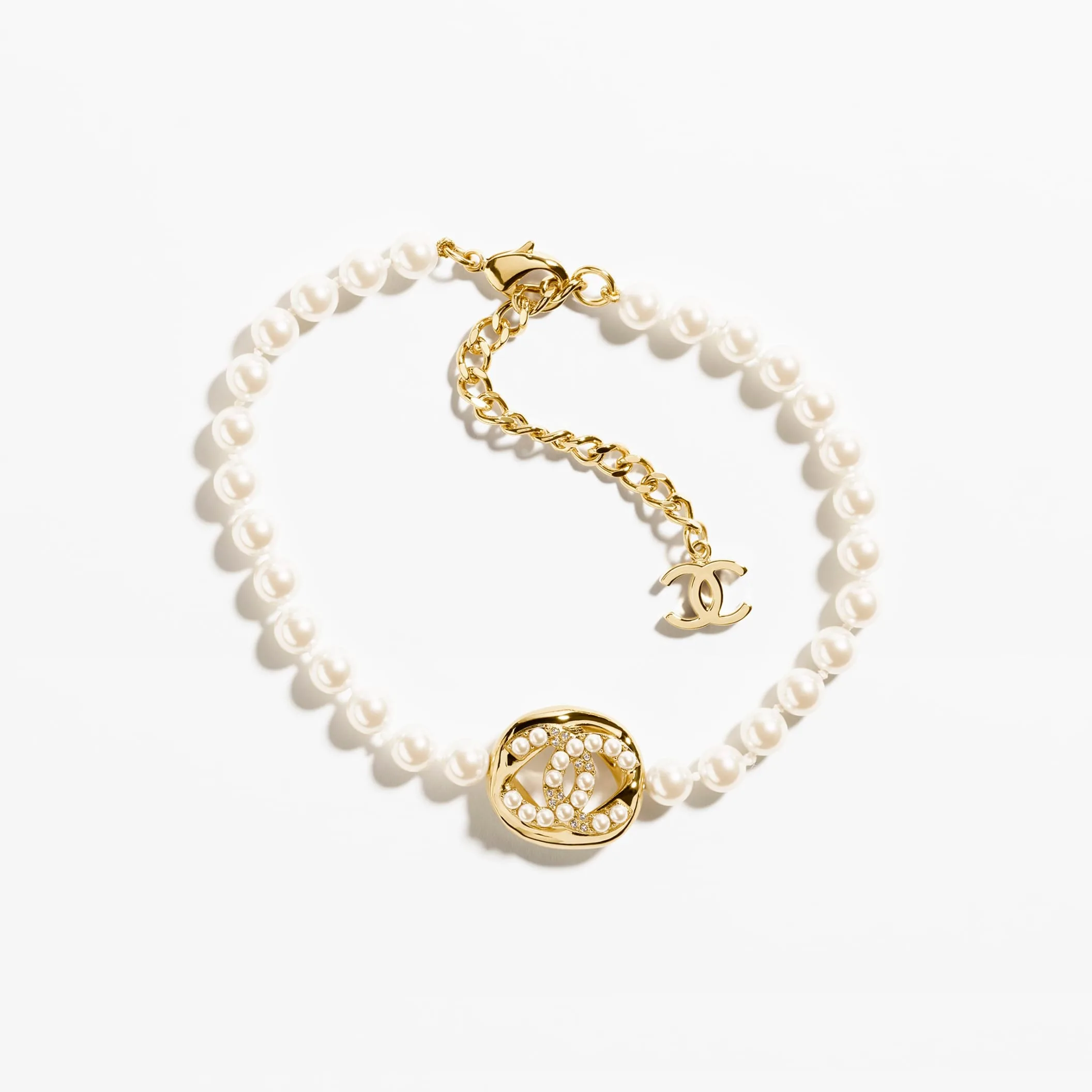 Gold Pearly White & Crystal choker fake chanel necklace
