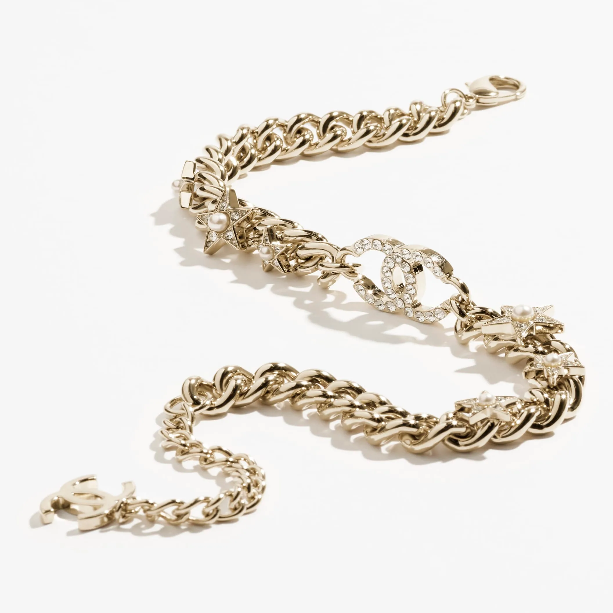 Gold Pearly White & Crystal choker fake chanel necklace