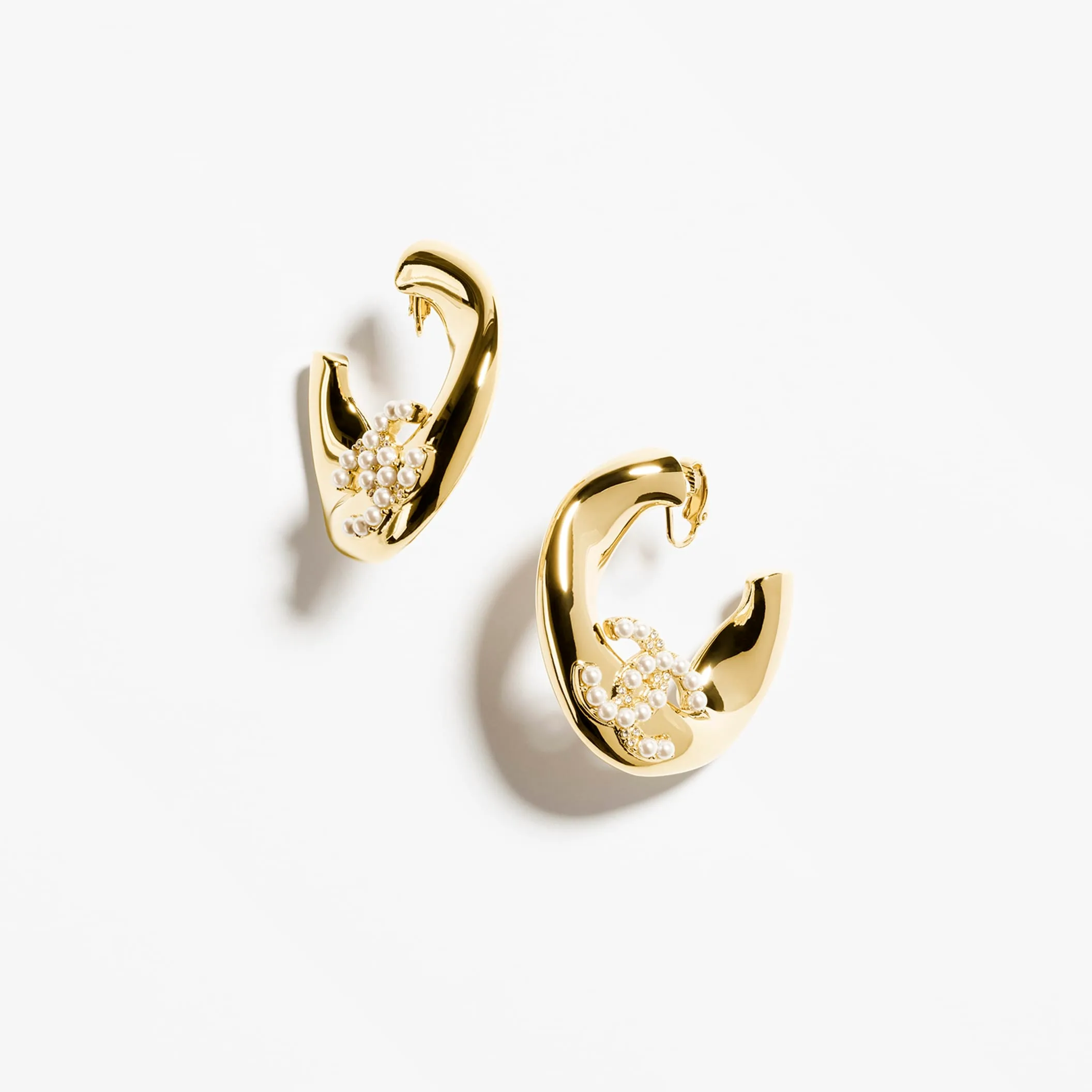 Gold Pearly White & Crystal clip-on hoop Fake chanel earrings