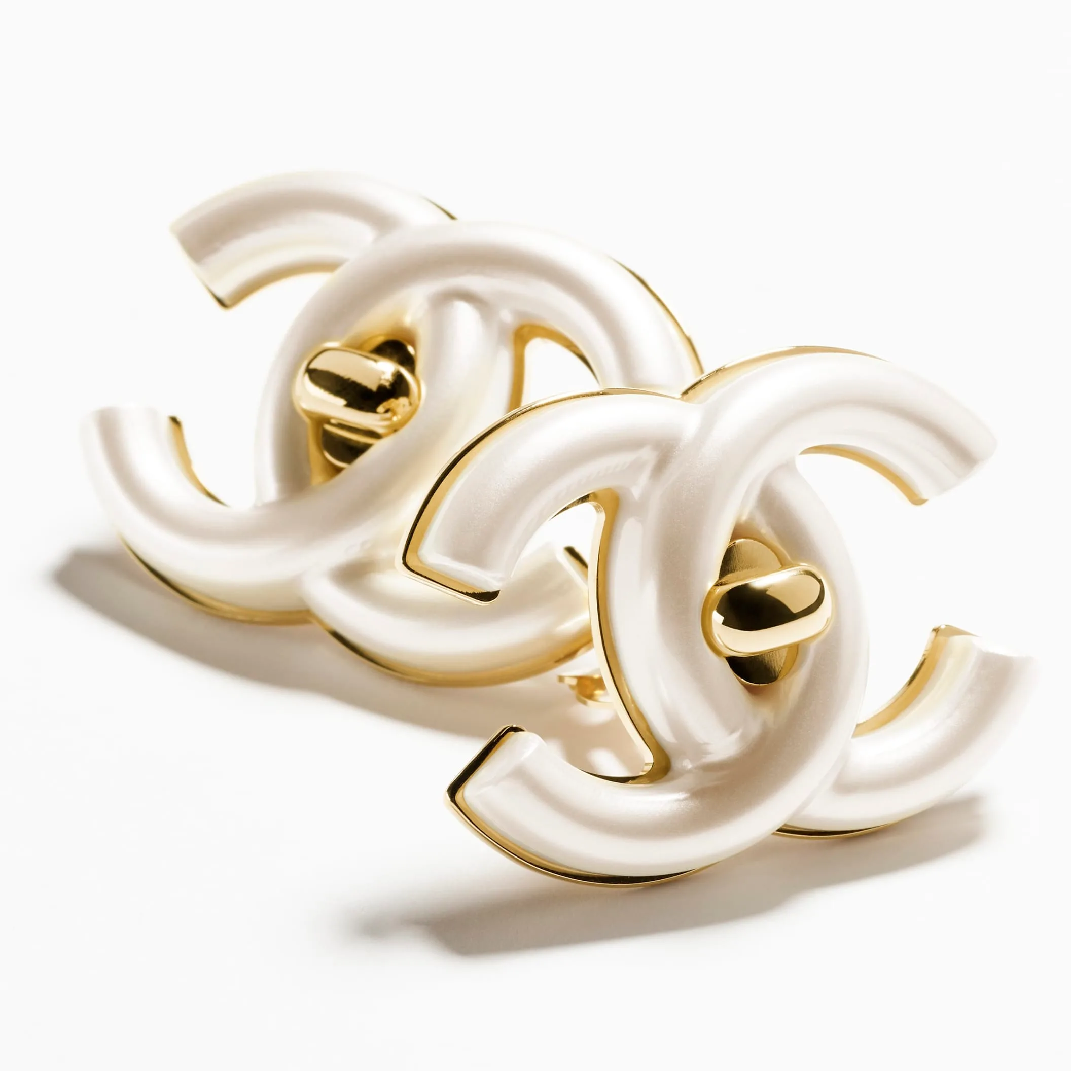 Gold & Pearly White clip-on stud Fake chanel earrings