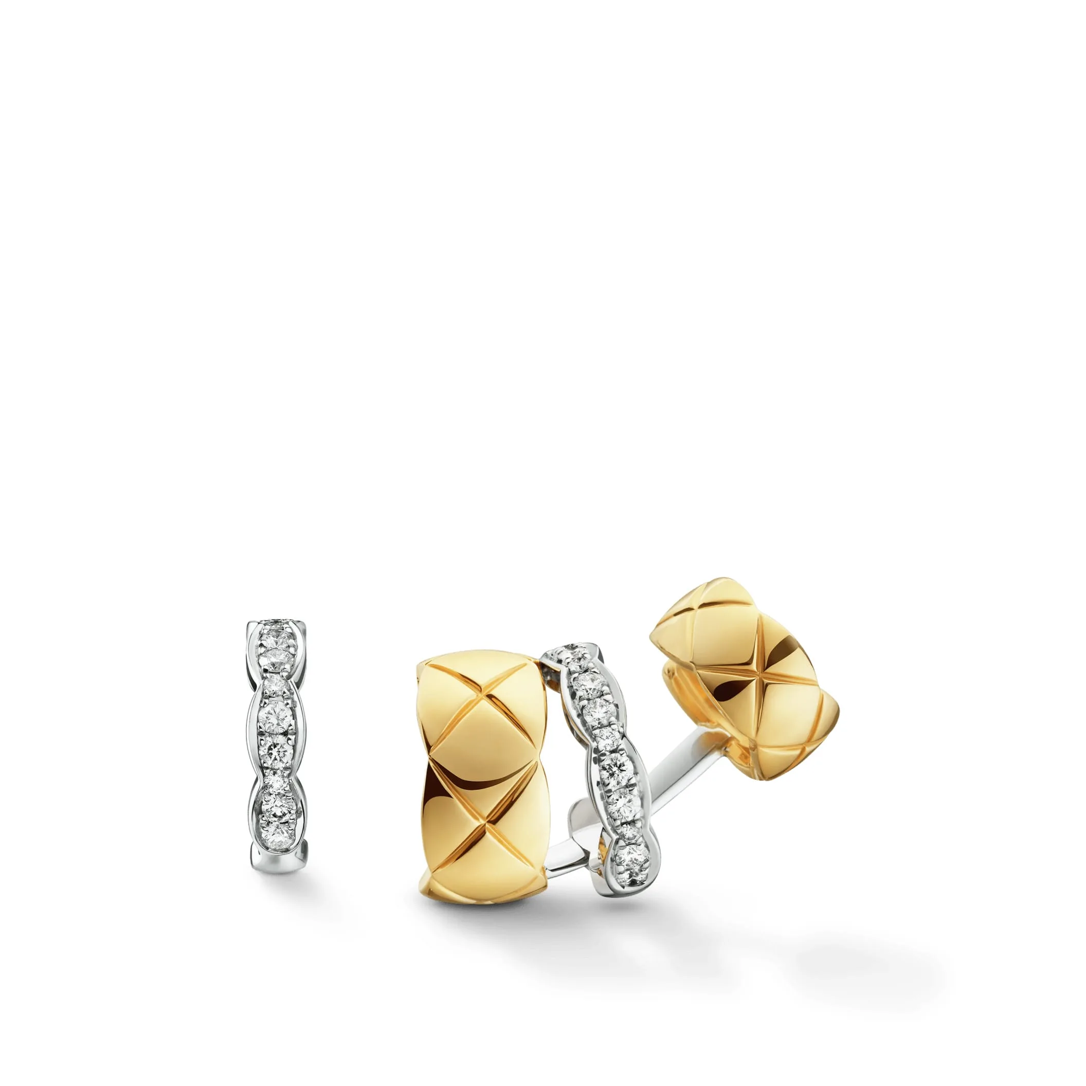 Coco Crush Fake chanel earrings Quilted motif 18K white and yellow gold diamonds