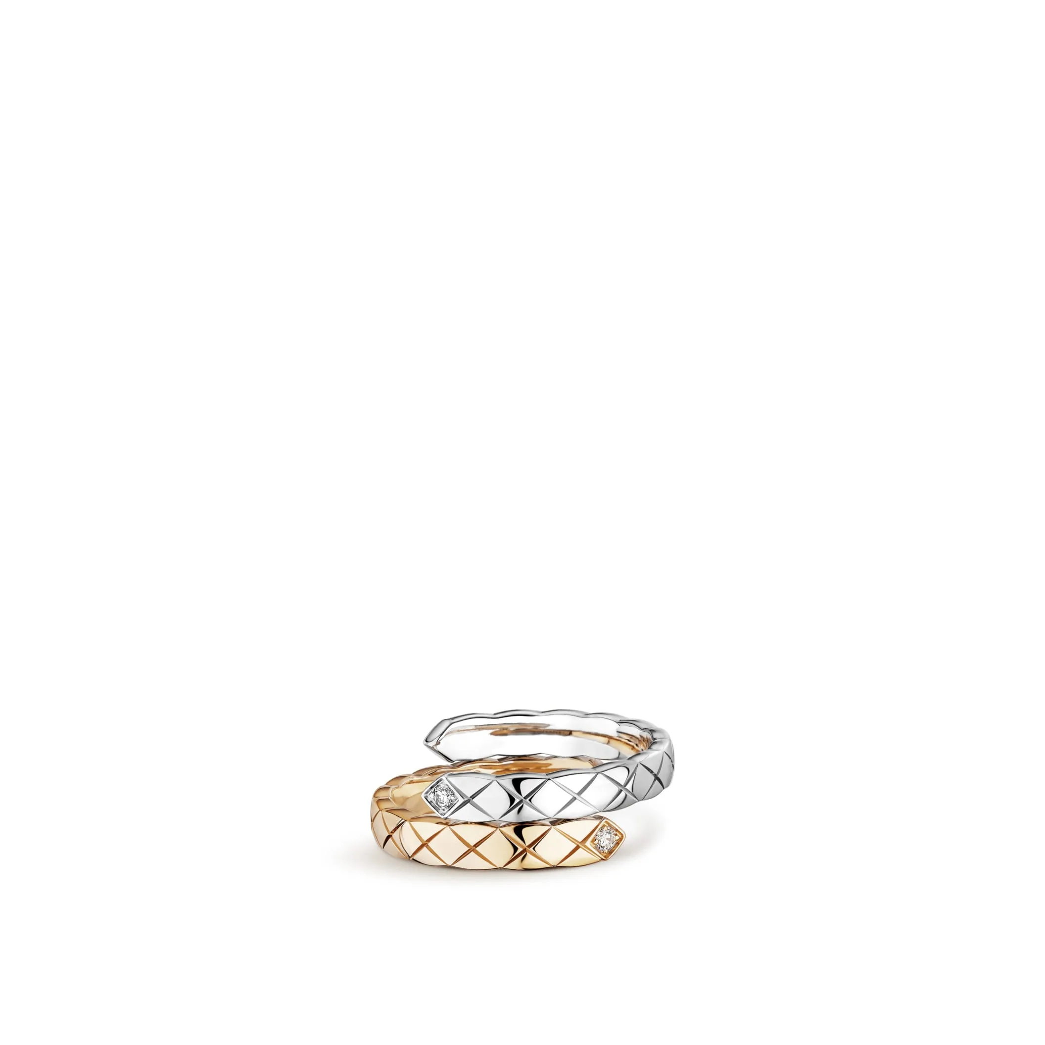 Coco Crush Toi et Moi chanel dupes ring Quilted motif small version 18K white and BEIGE GOLD diamonds