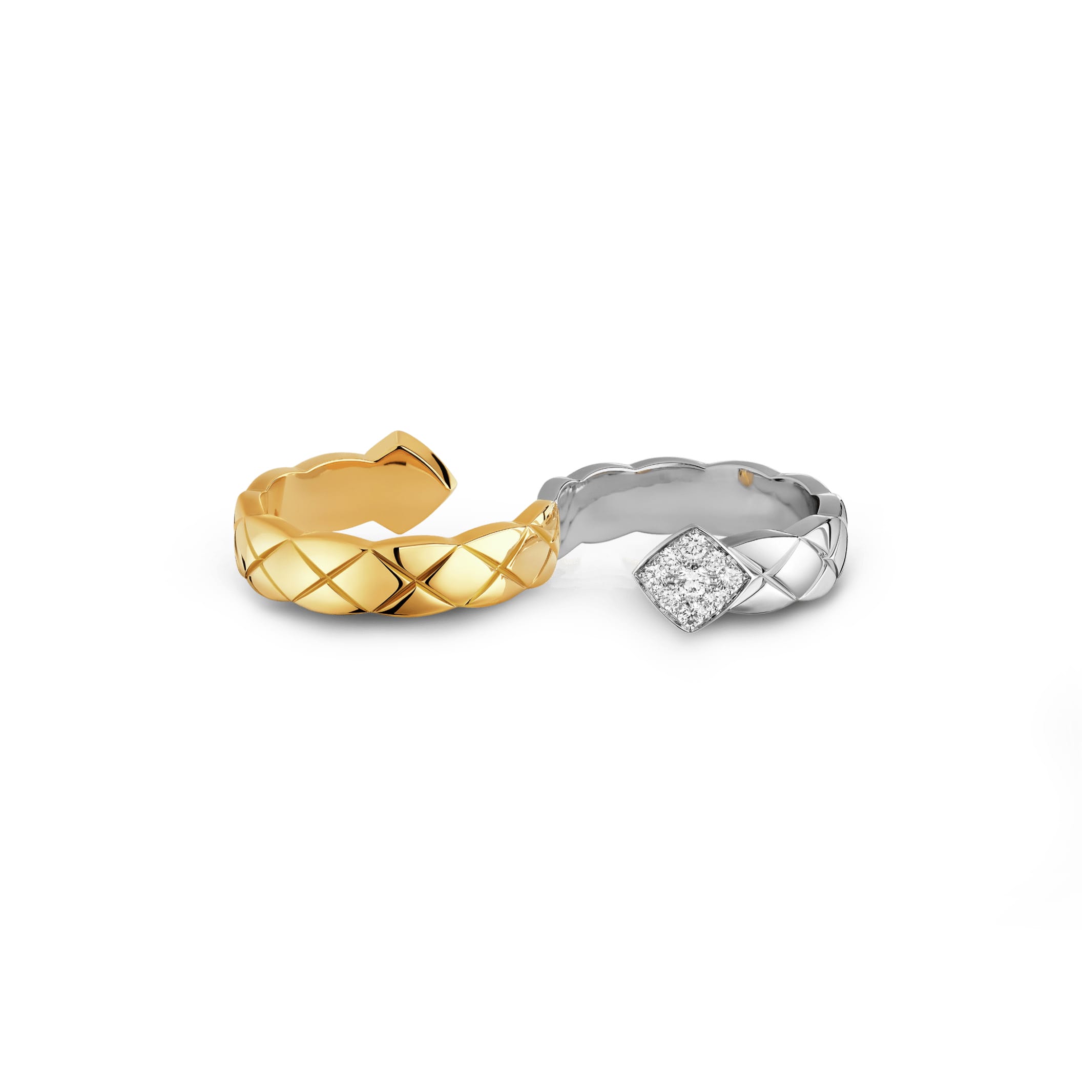Coco Crush two-finger chanel dupes ring Quilted motif 18K white and yellow gold diamonds