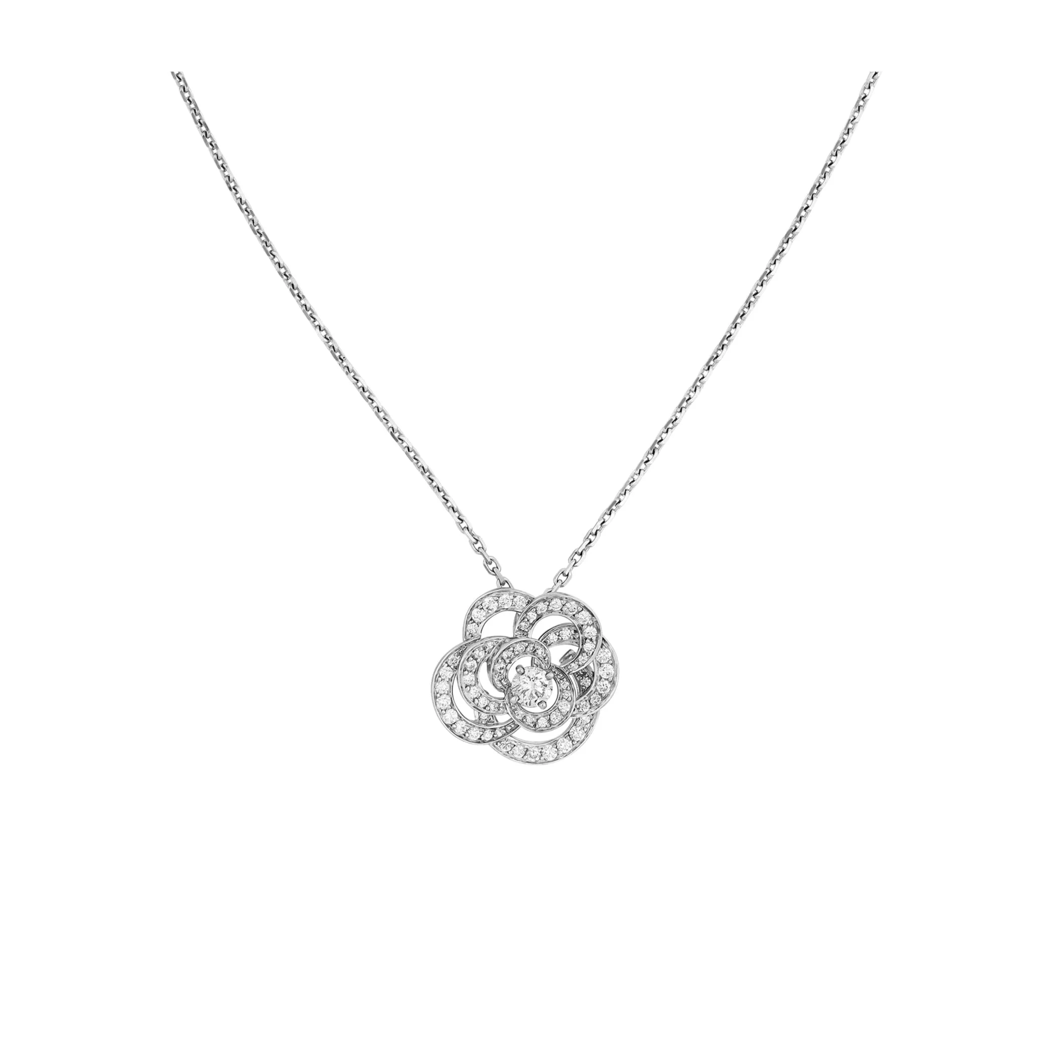 Fil de Camelia fake chanel necklace Large version 18K white gold diamonds