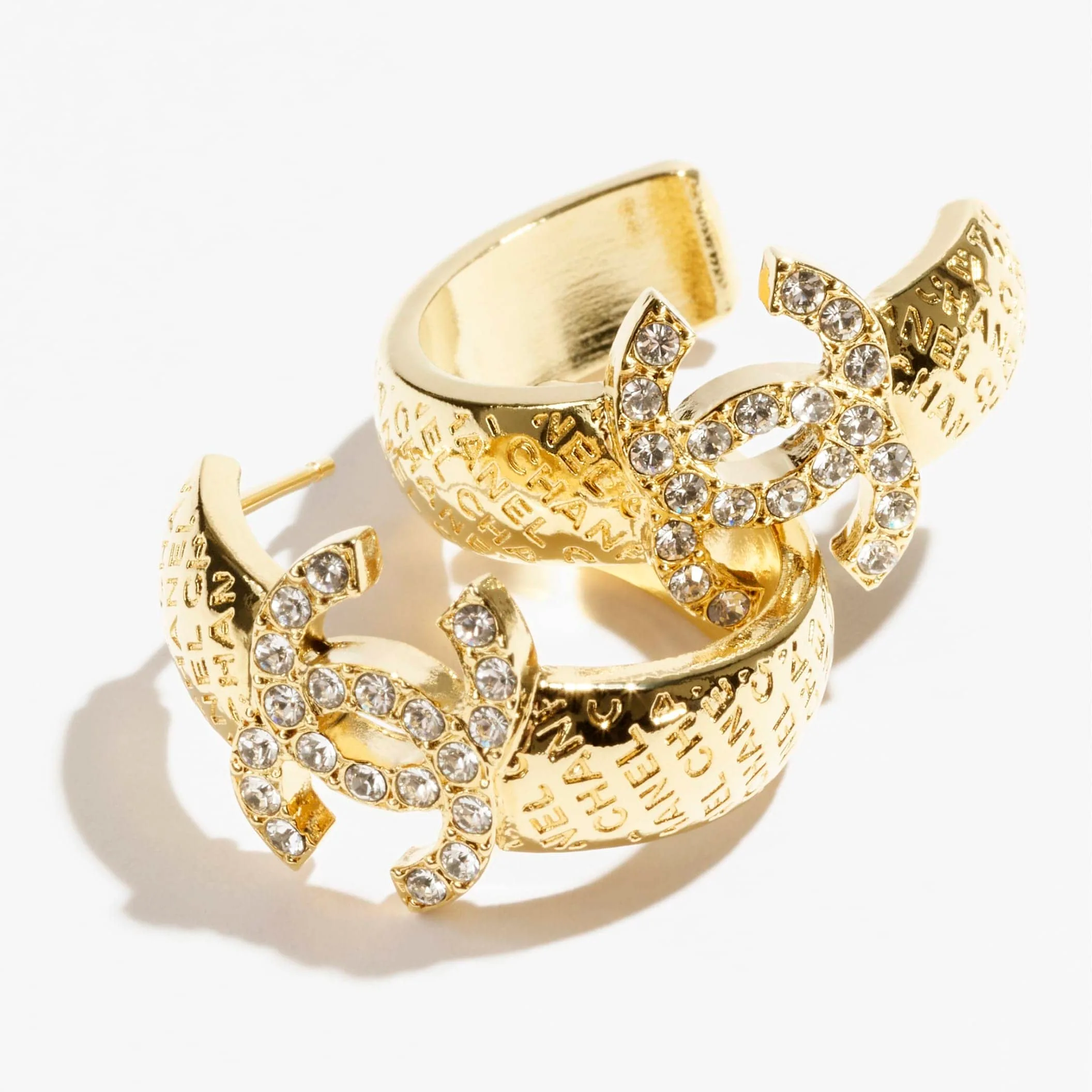 Gold & Crystal hoop Fake chanel earrings