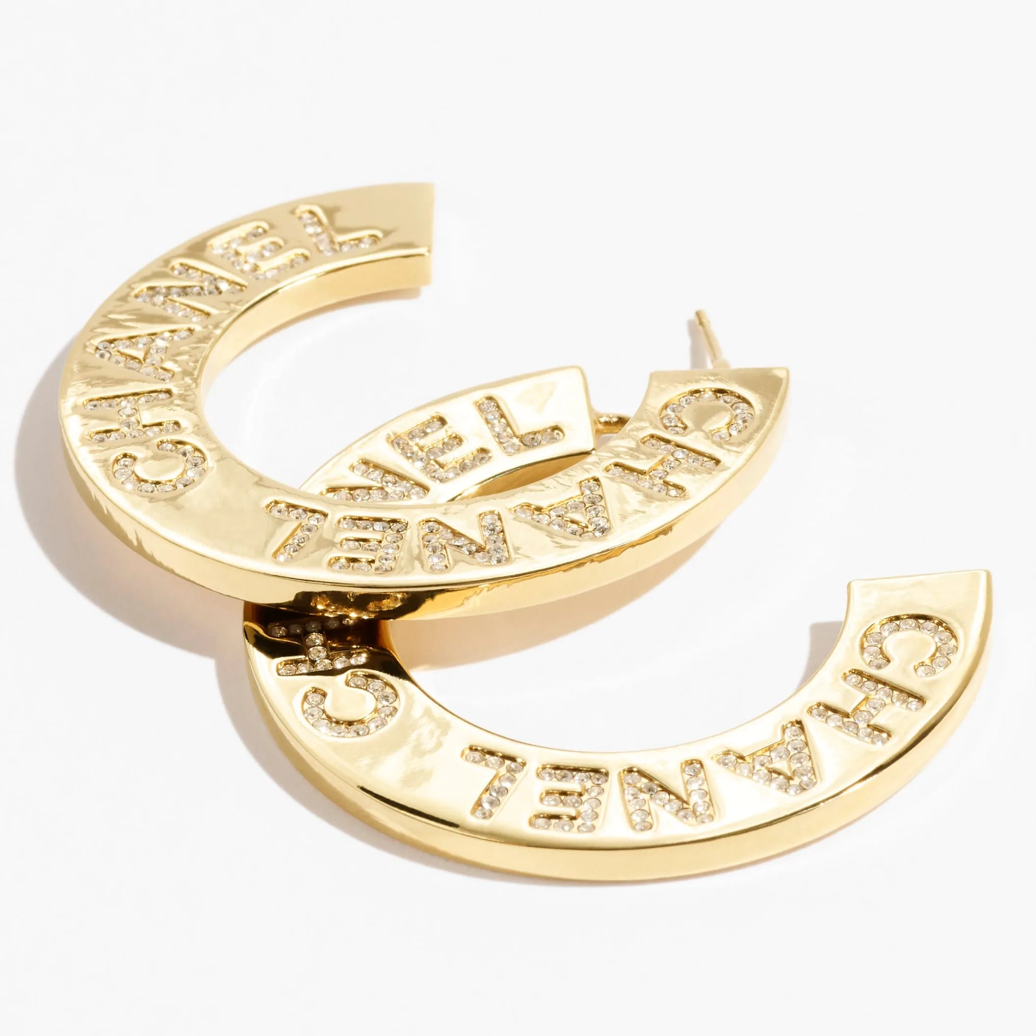 Gold & Crystal hoop Fake chanel earrings