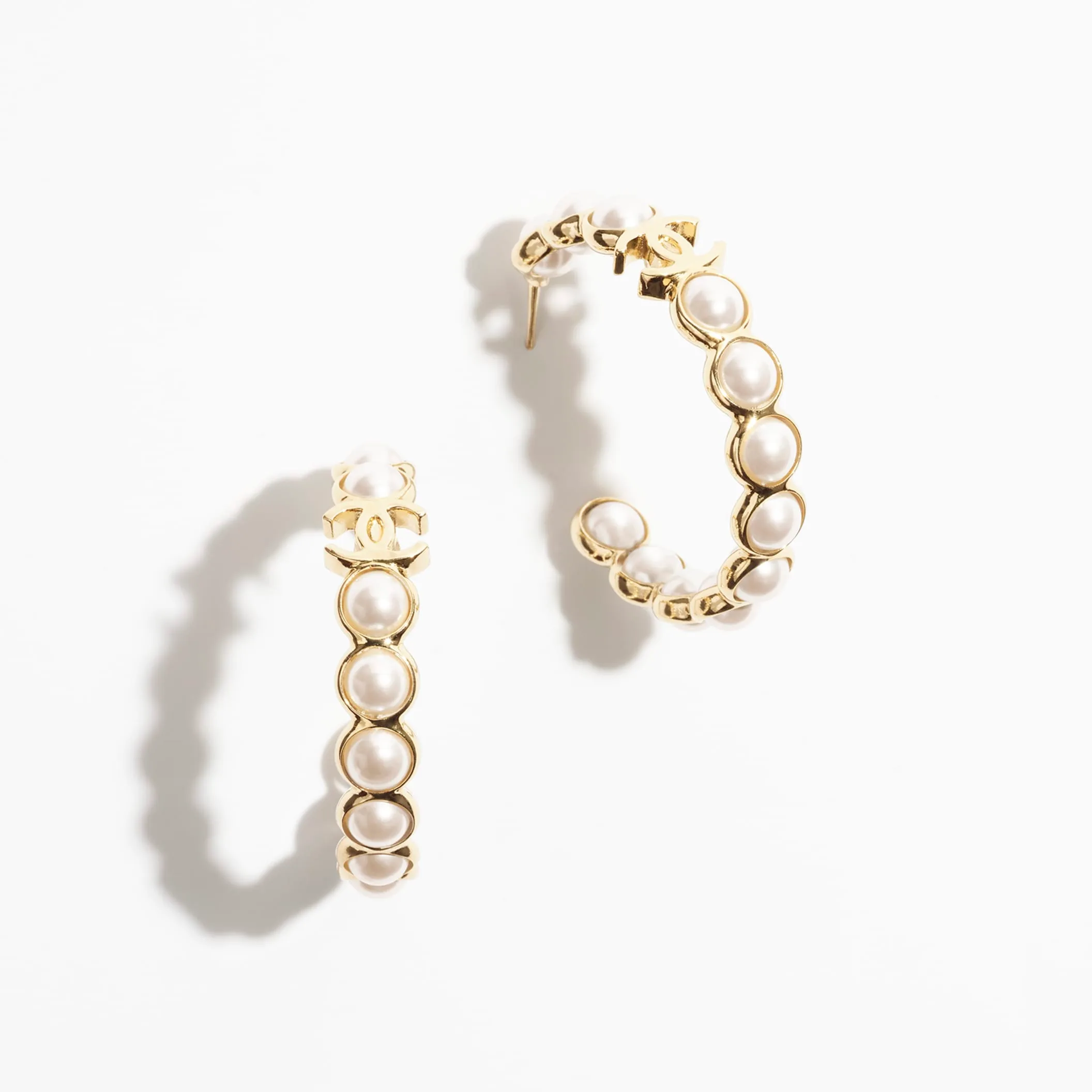 Gold & Pearly White hoop Fake chanel earrings