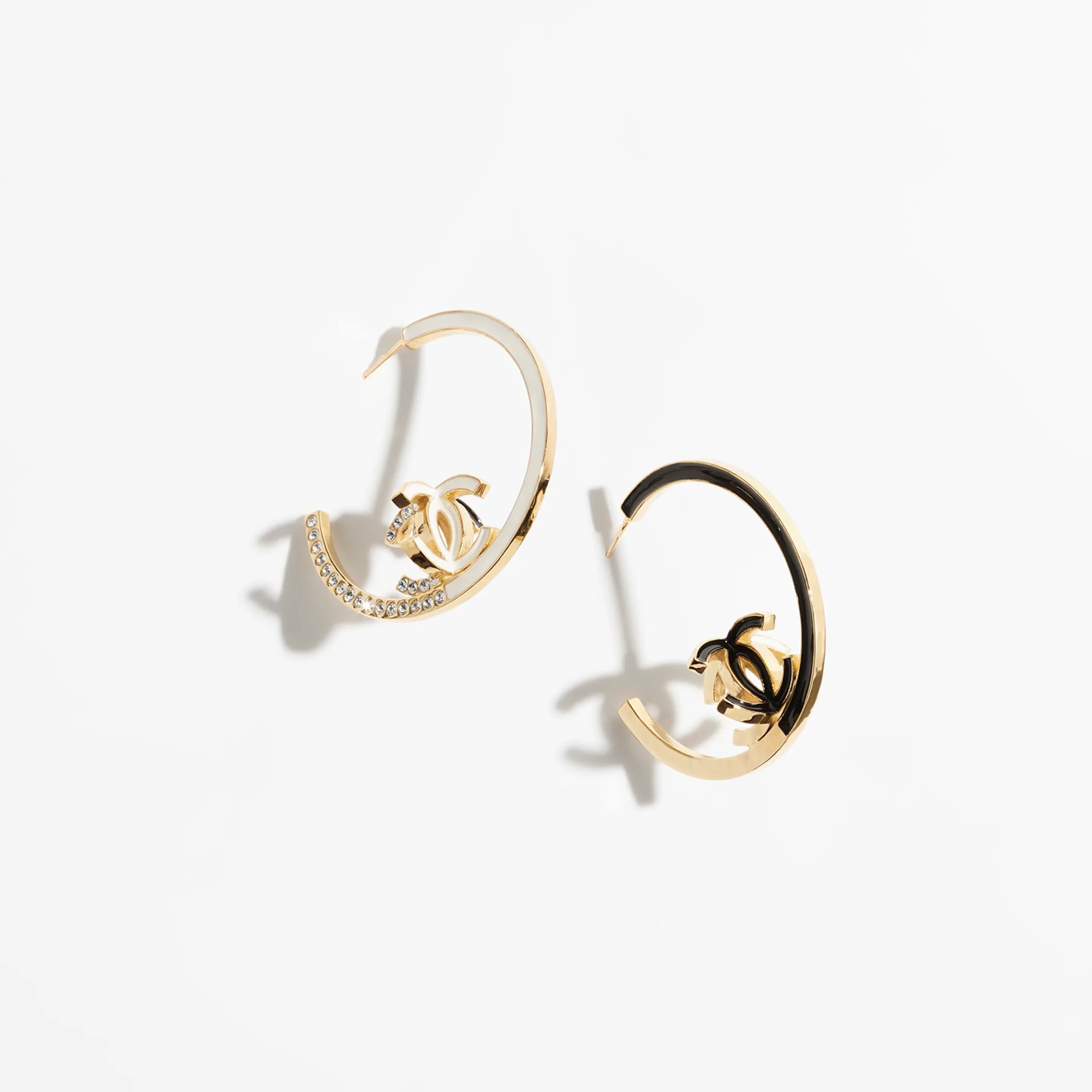 Gold White Black & Crystal hoop Fake chanel earrings