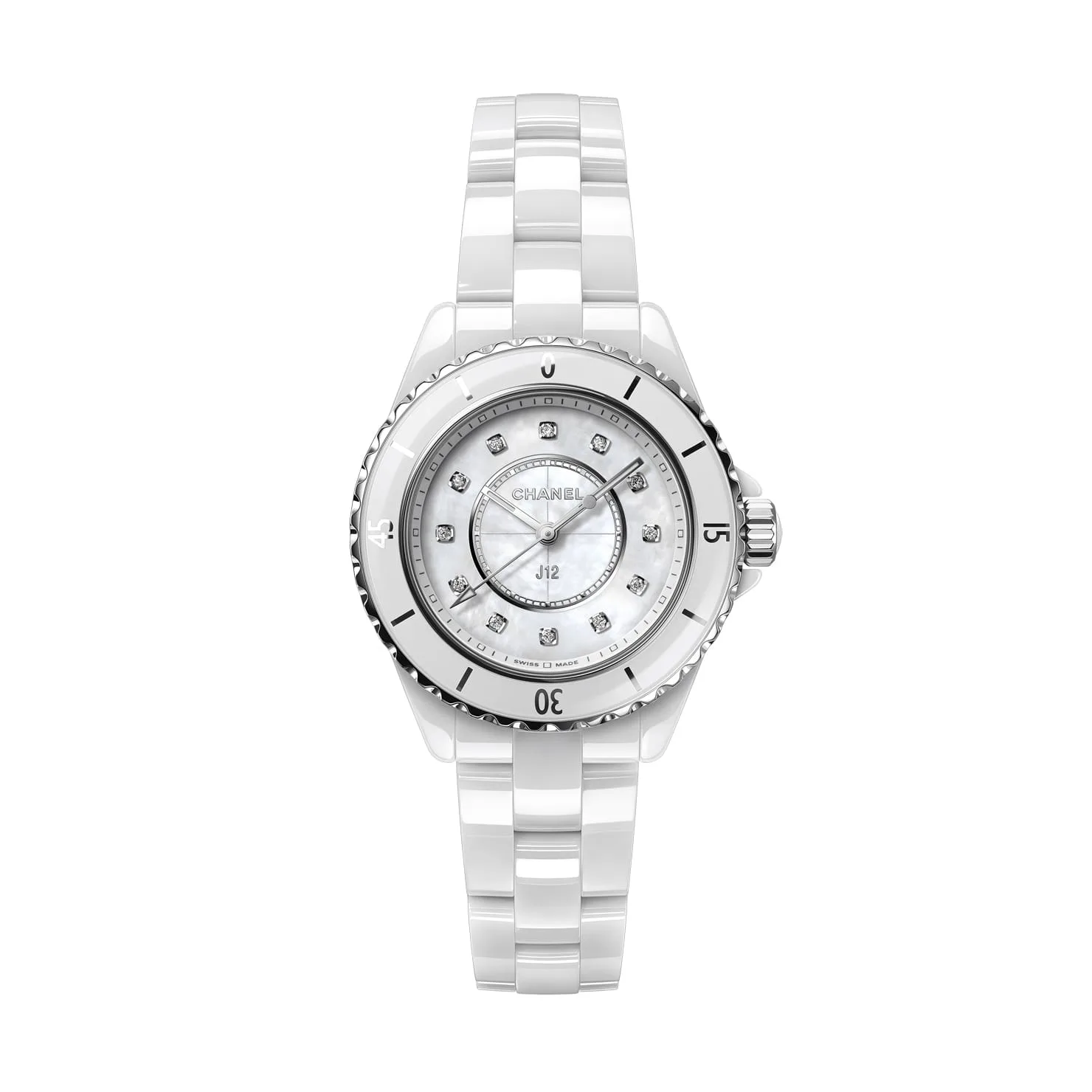 Fake Chanel replica Watch J12 Watch 33 mm White highly resistant ceramic and steel diamond indicators white mother-of-pearl dial H5704