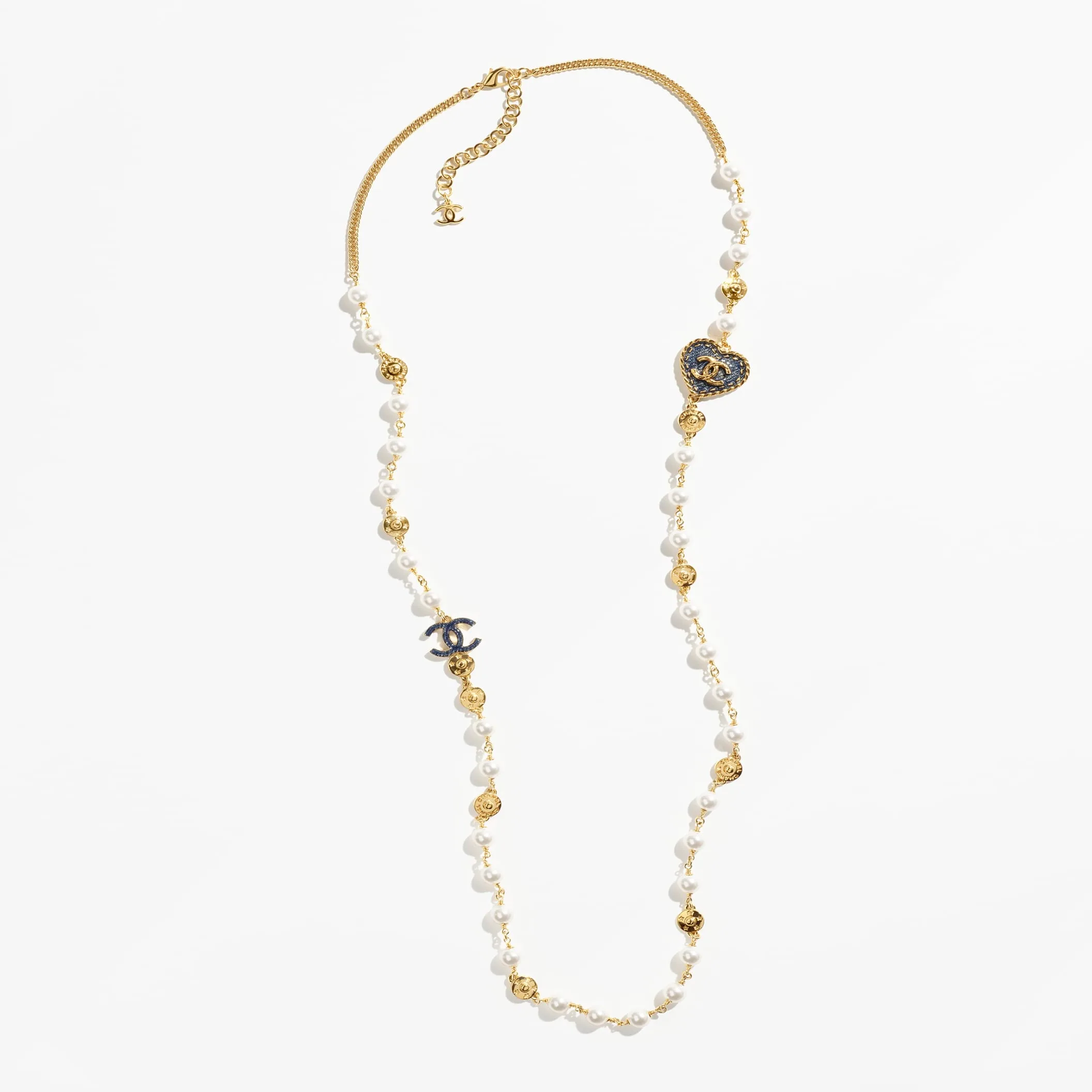 Gold Blue & Pearly White long fake chanel necklace