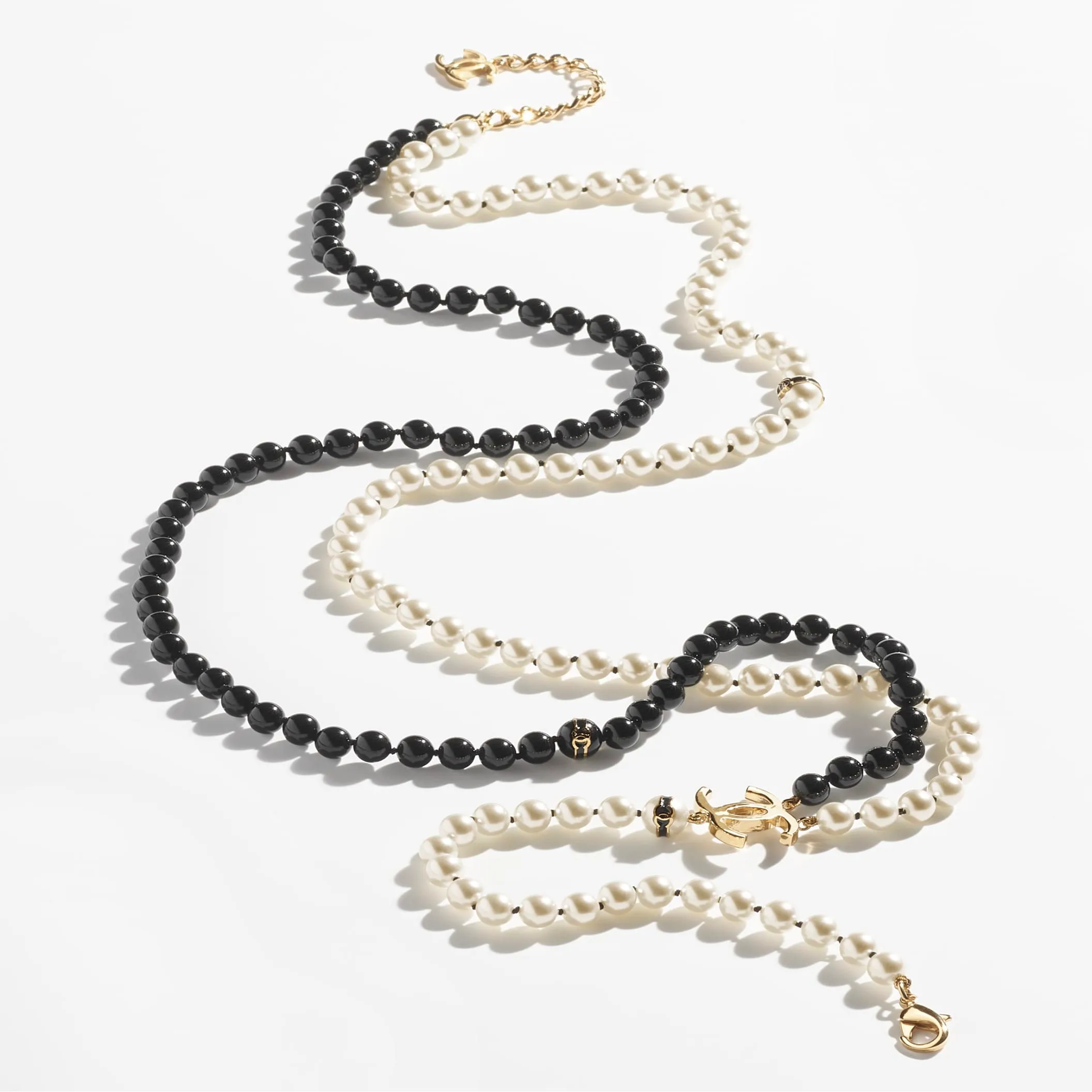 Gold Pearly White & Black long fake chanel necklace