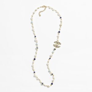 Gold Pearly White & Blue long Chanel necklace
