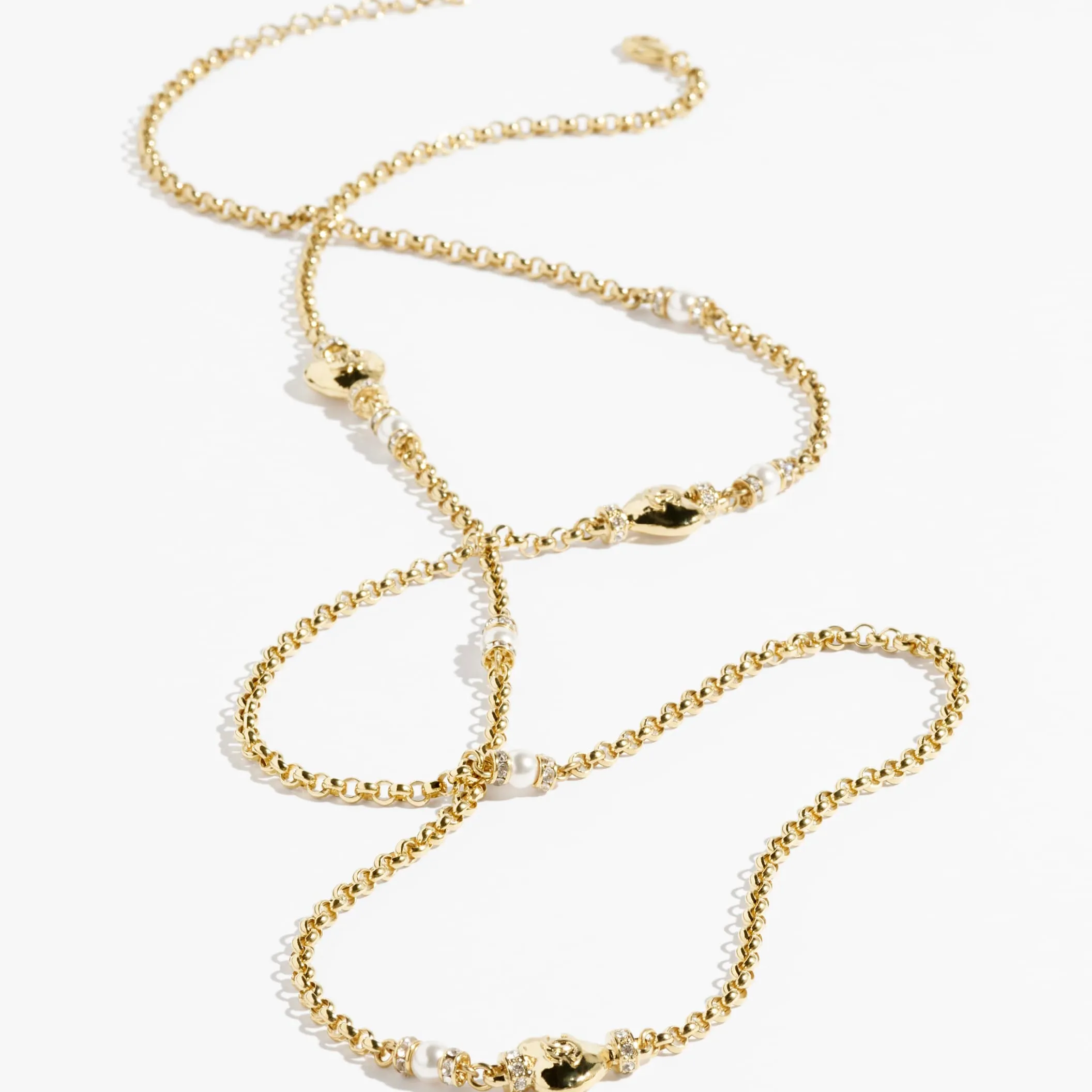 Gold Pearly White & Crystal long fake chanel necklace