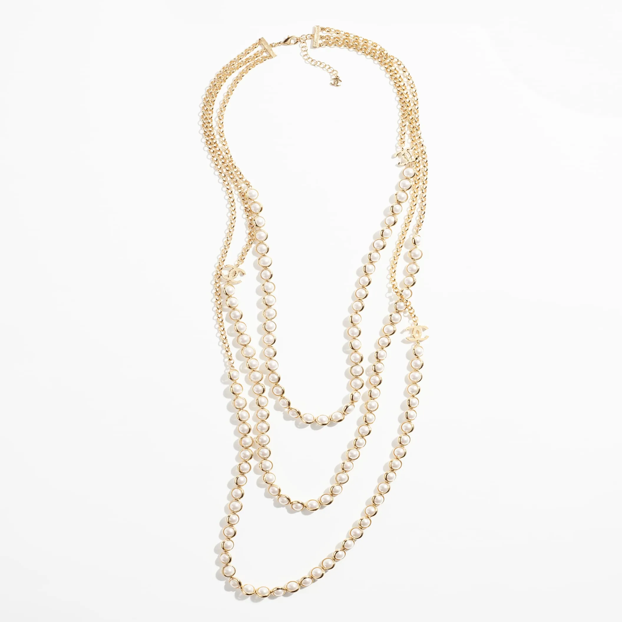 Gold & Pearly White long fake chanel necklace