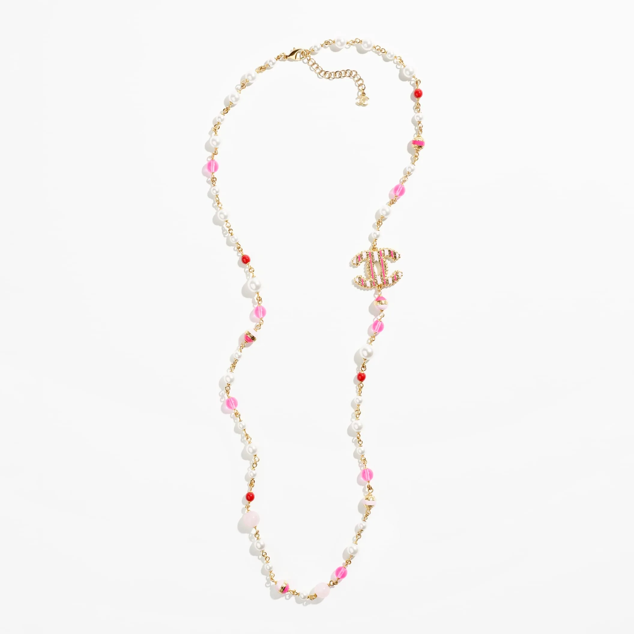 Gold Pearly White Red & Pink long fake chanel necklace