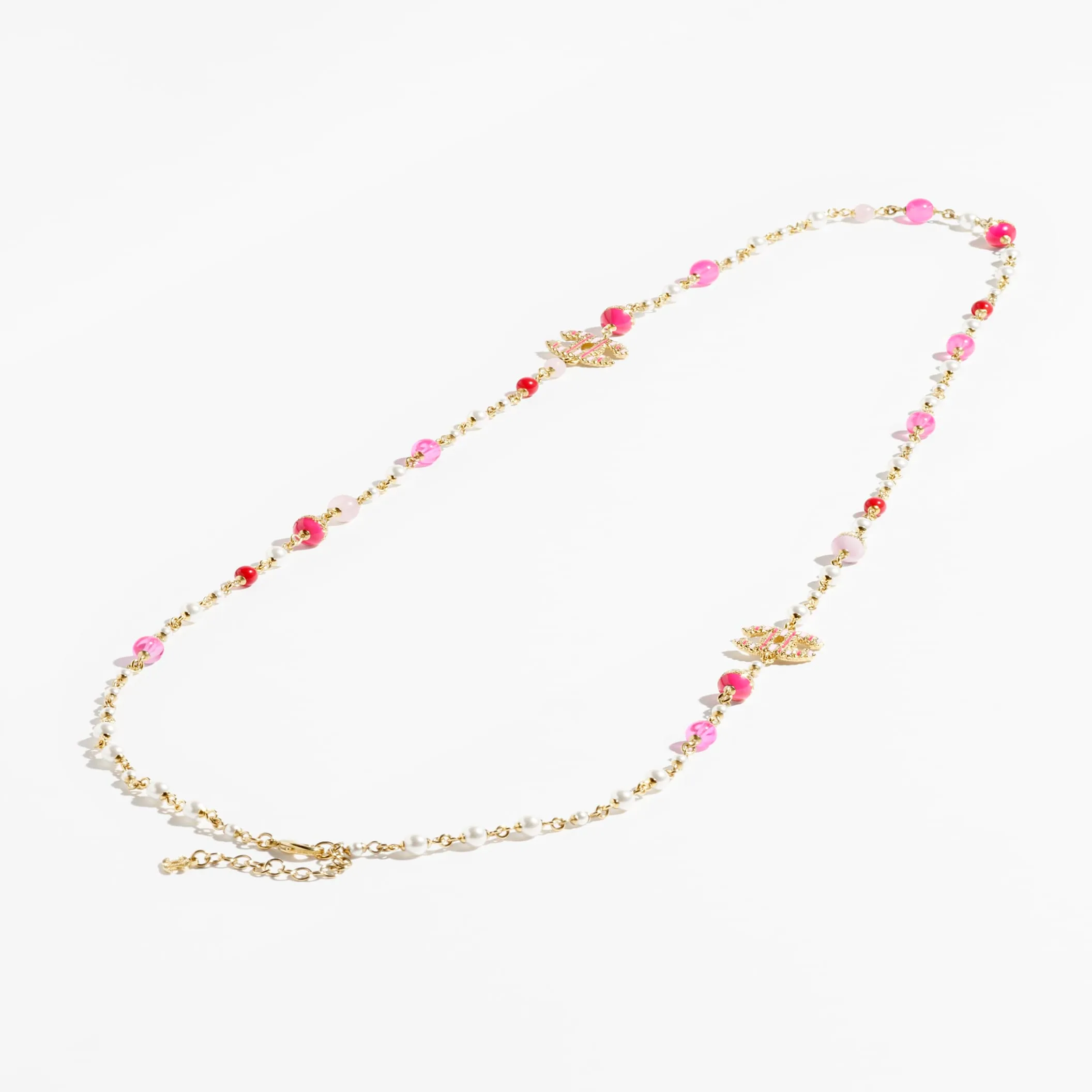Gold Pearly White Red & Pink long fake chanel necklace