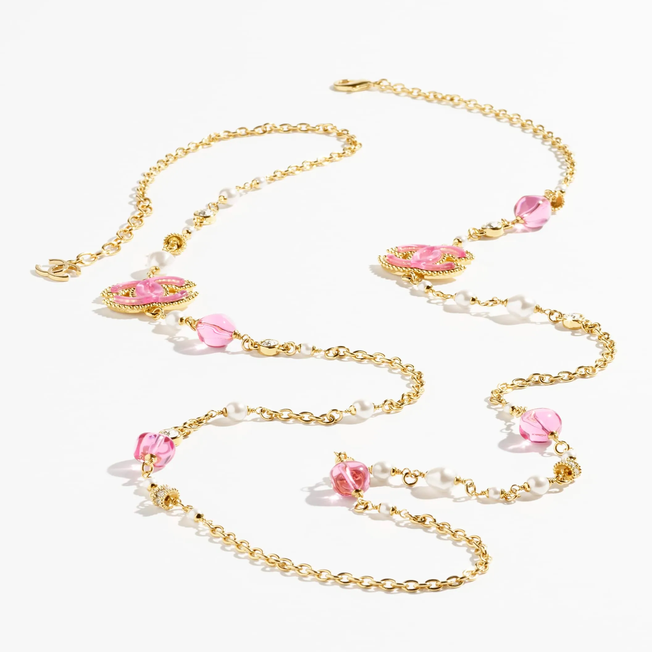 Gold Pink Pearly White & Crystal long fake chanel necklace