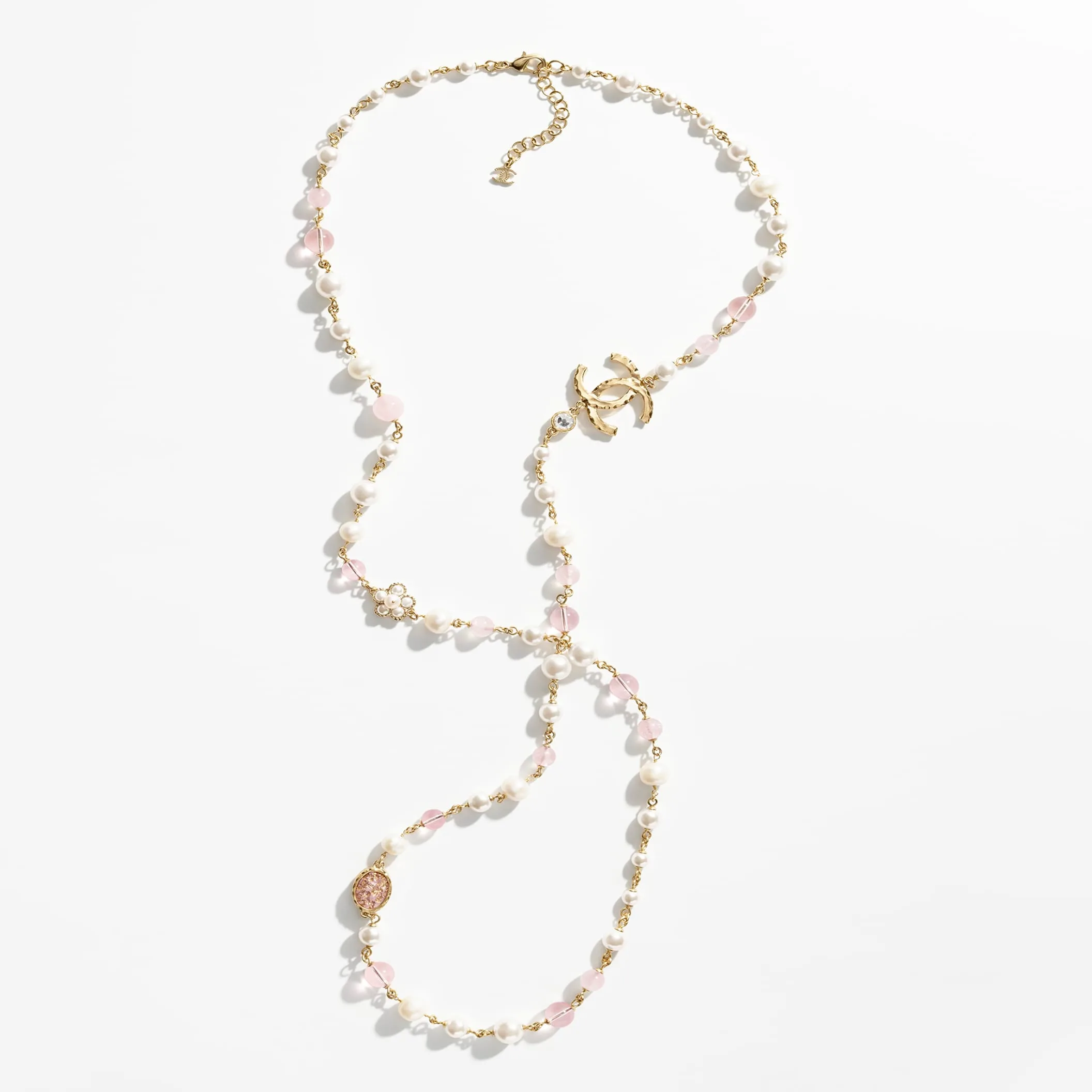 Gold Pink & Pearly White long fake chanel necklace