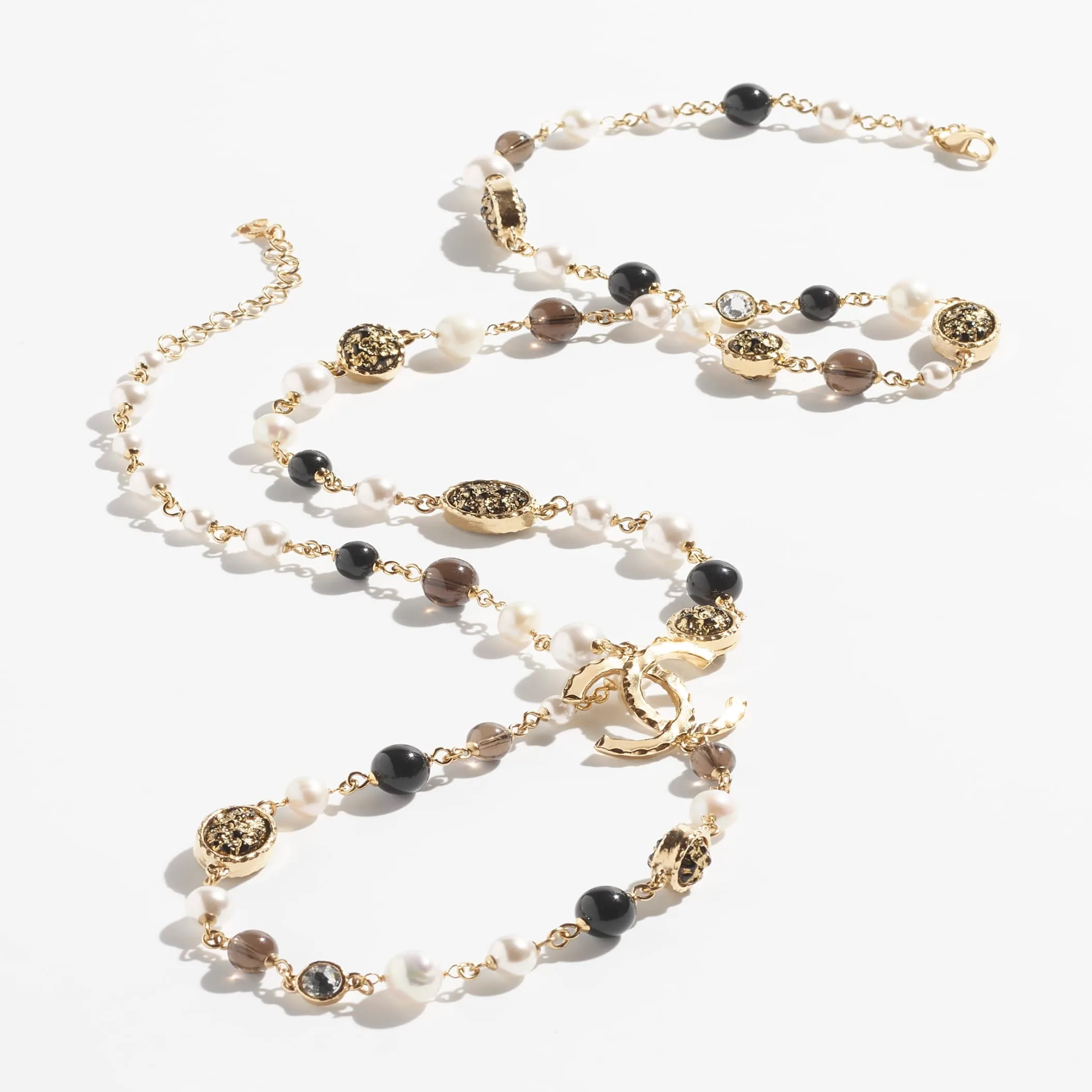 Golden Pearly White Black Brown & Crystal long fake chanel necklace