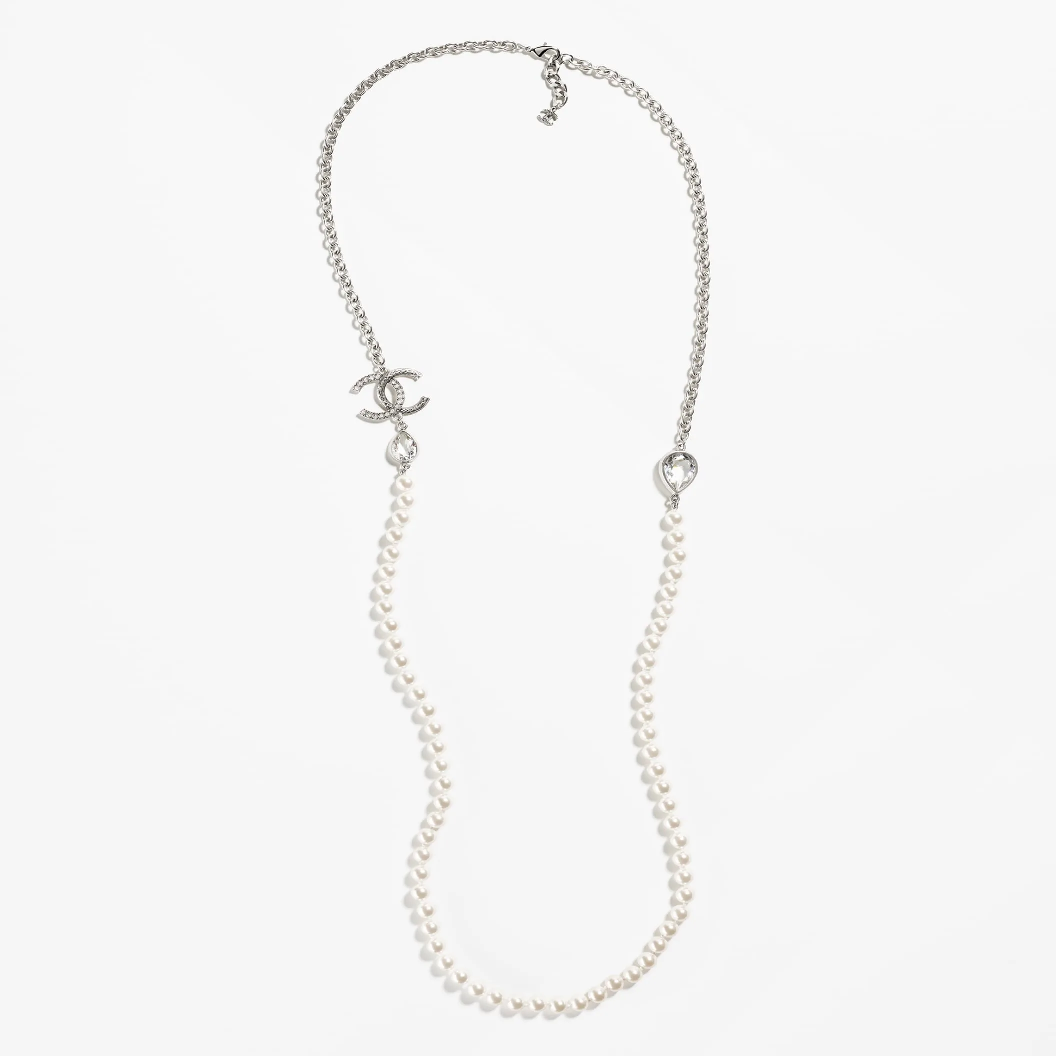 Silver Pearly White & Crystal long fake chanel necklace