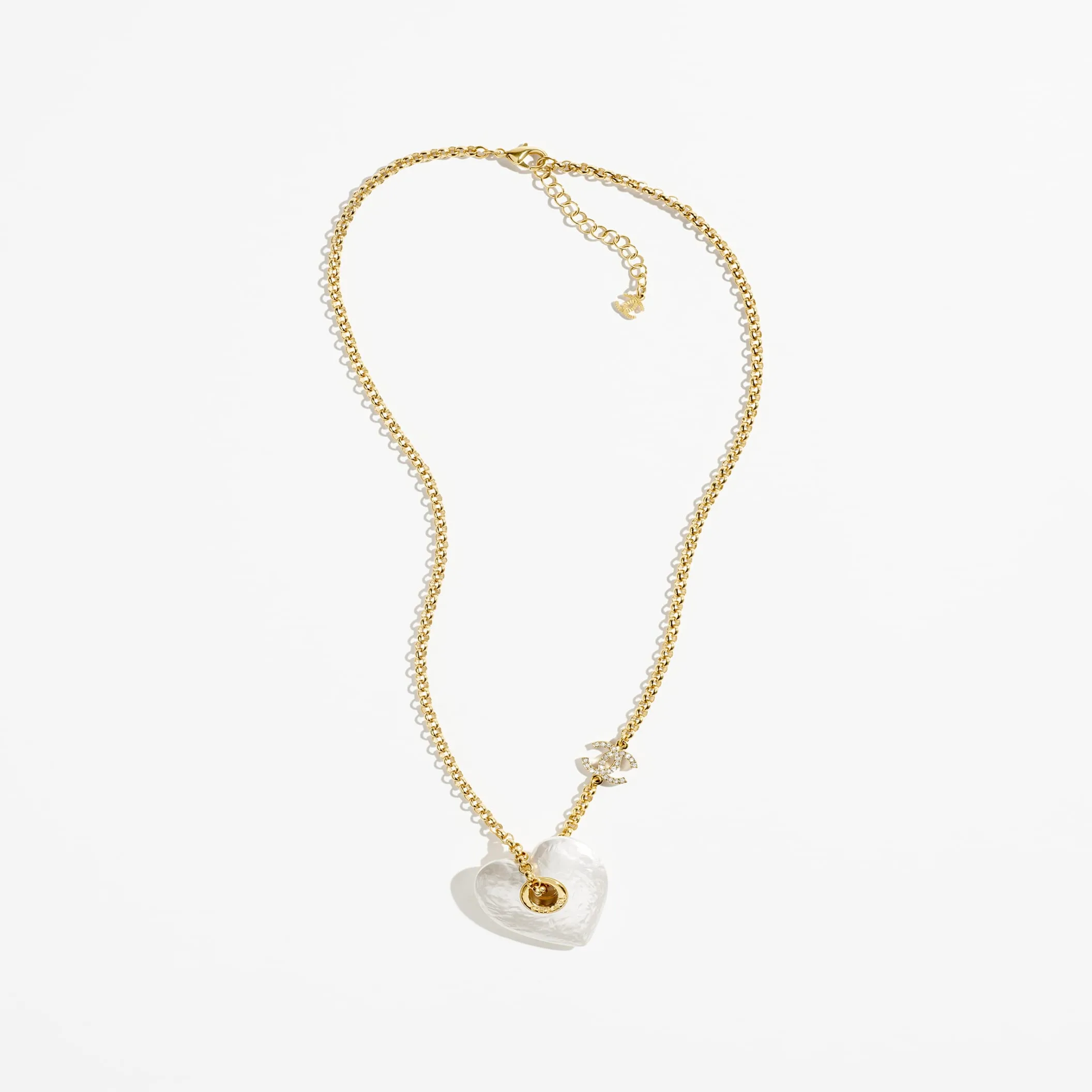 Gold Pearly White & Crystal long pendant fake chanel necklace