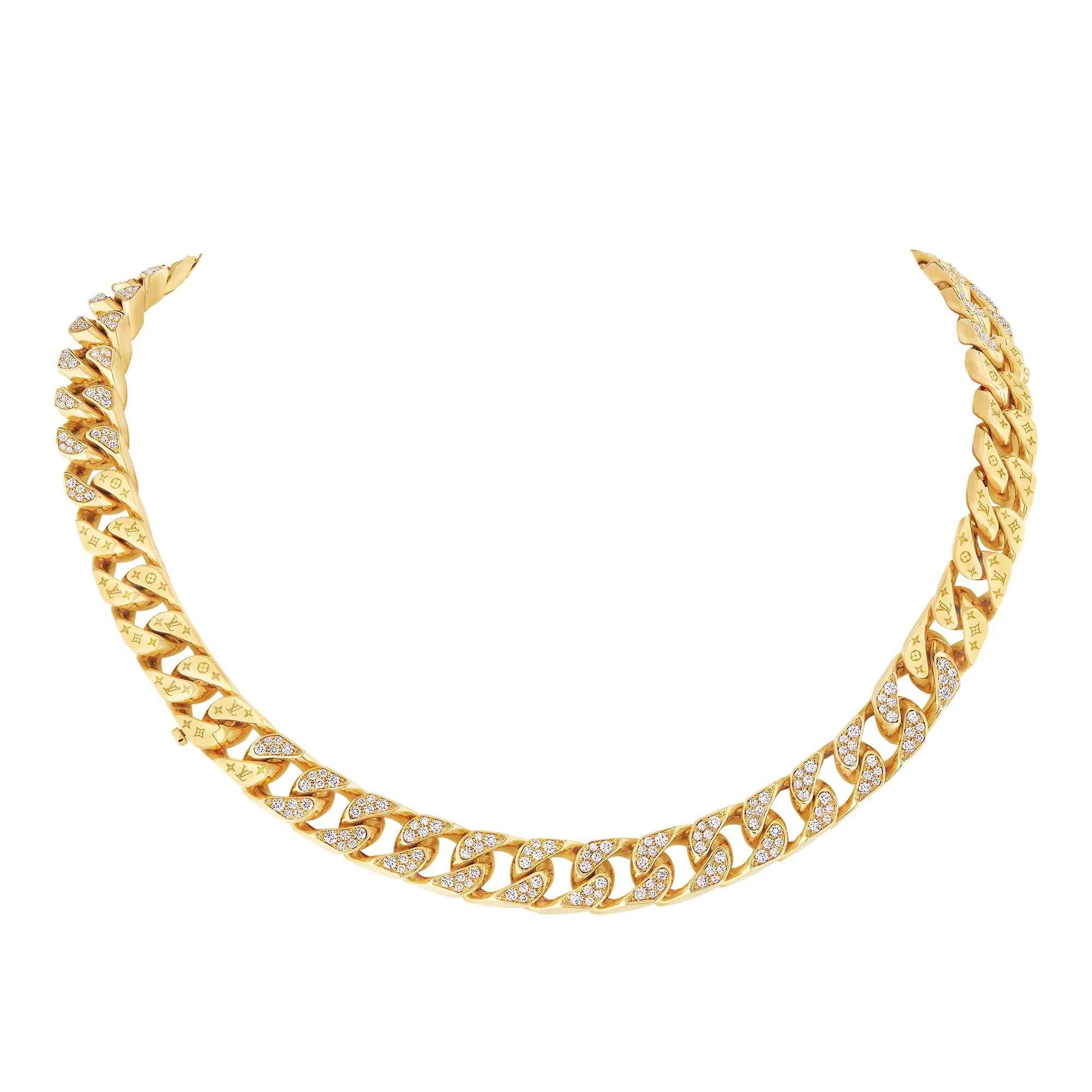 Louis Vuitton Replica Cuban Chain fake diamond necklace Yellow Gold