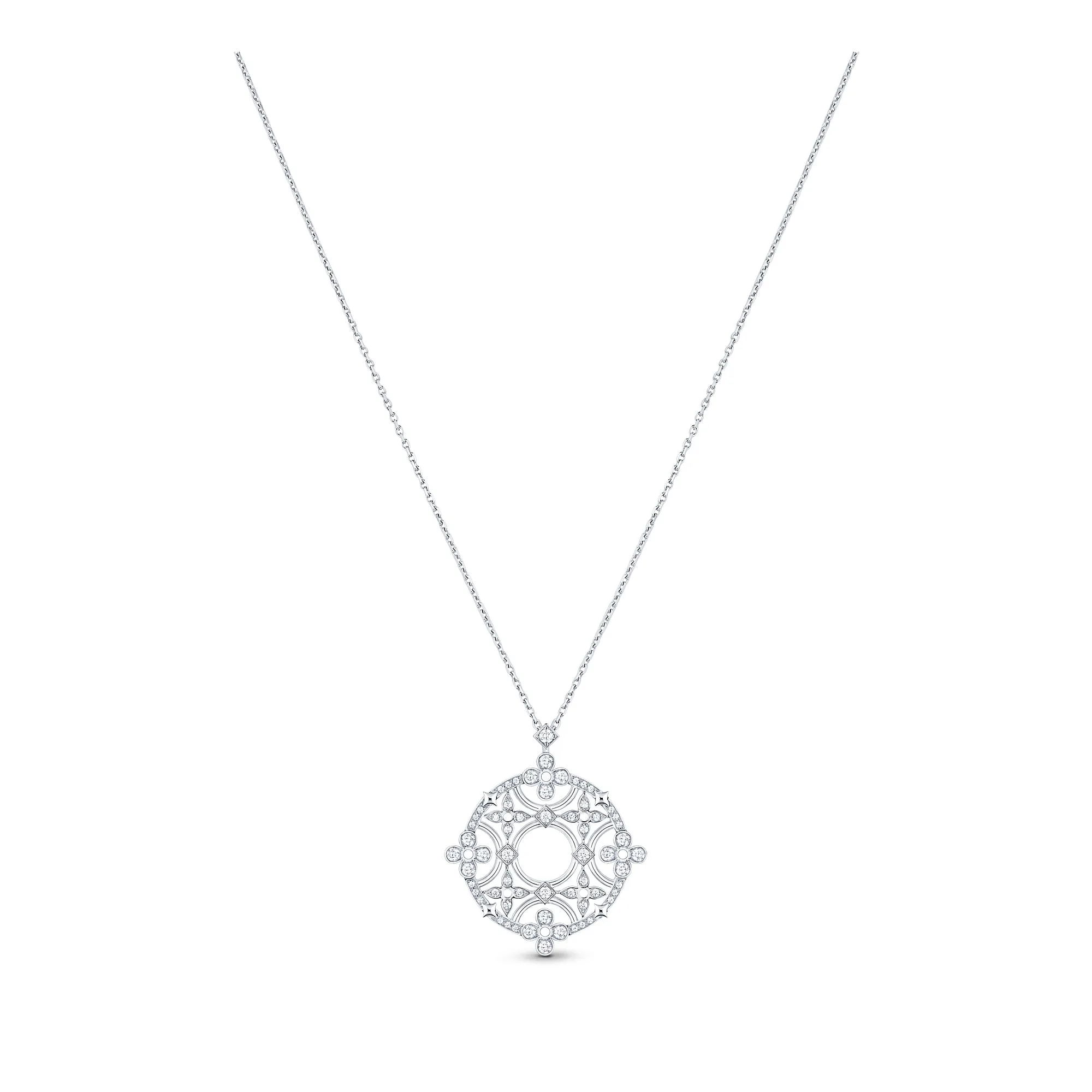 Louis Vuitton Replica Dentelle Medallion White Gold fake diamond necklace