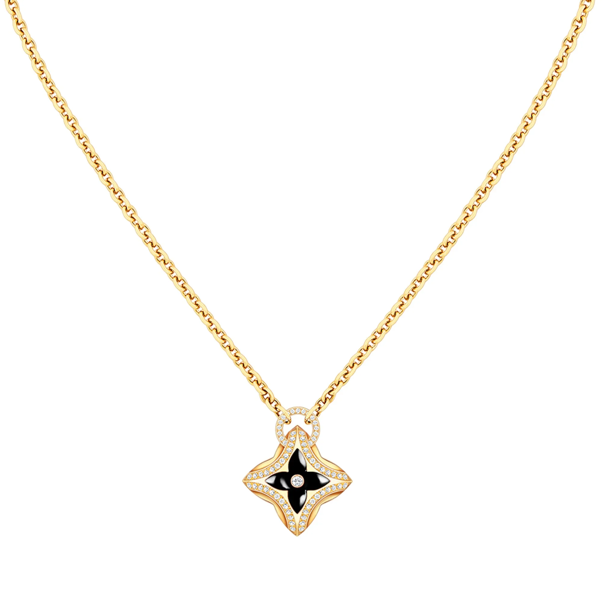 Louis Vuitton Replica Ever Blossom Pendant fake diamond necklace Yellow Gold Onyx