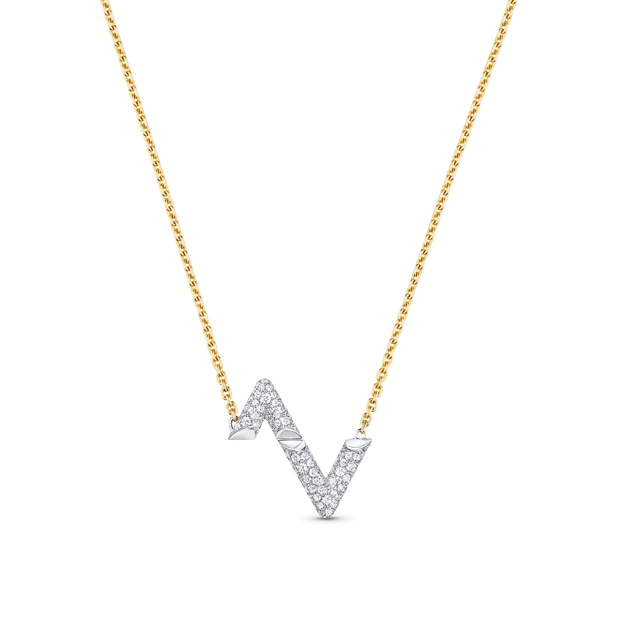 Louis Vuitton Replica LV Volt Upside Down Pendant fake diamond necklace Yellow Gold White Gold