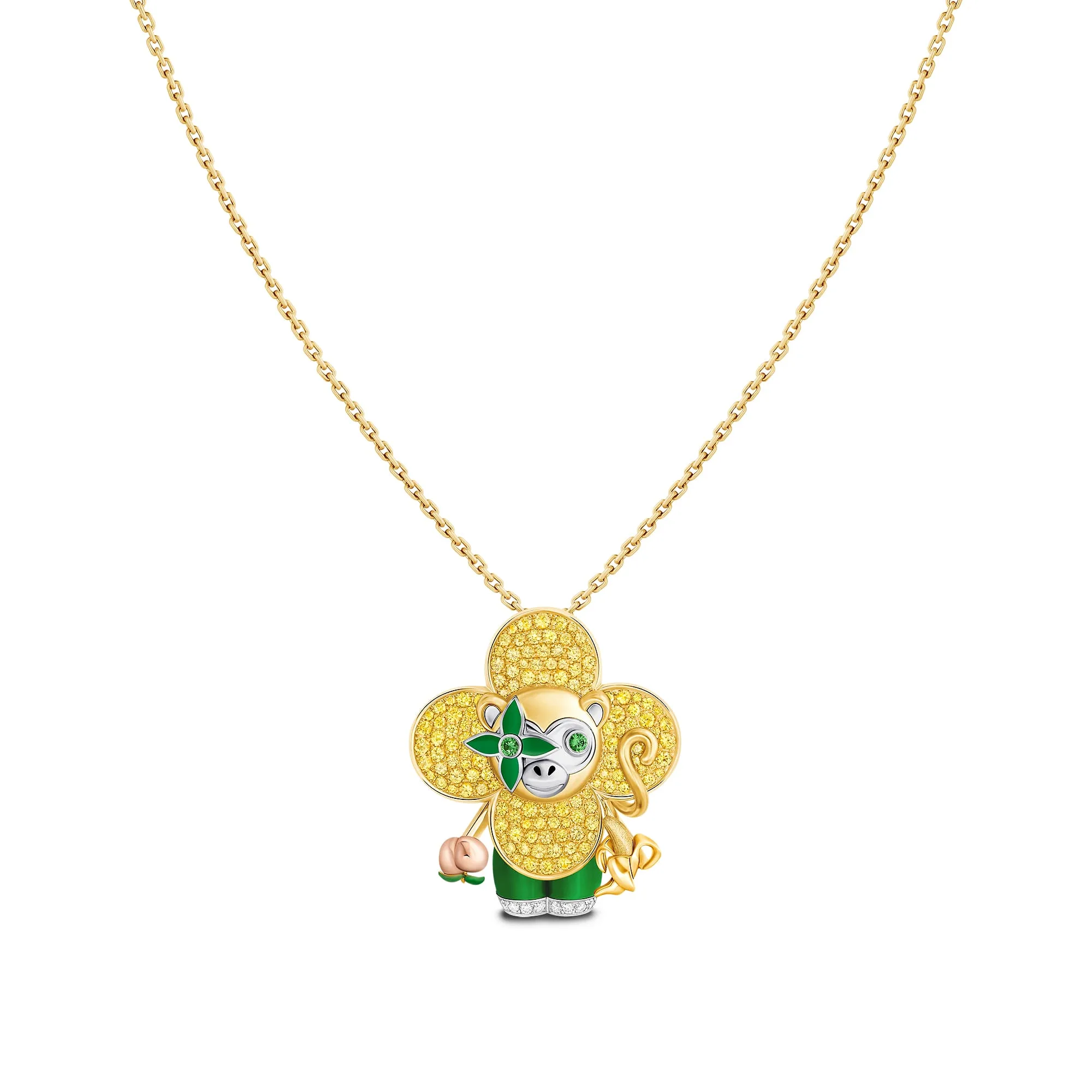 Louis Vuitton Replica Vivienne Monkey Pendant fake diamond necklace 3 Golds Lacquer Colored Gemstones