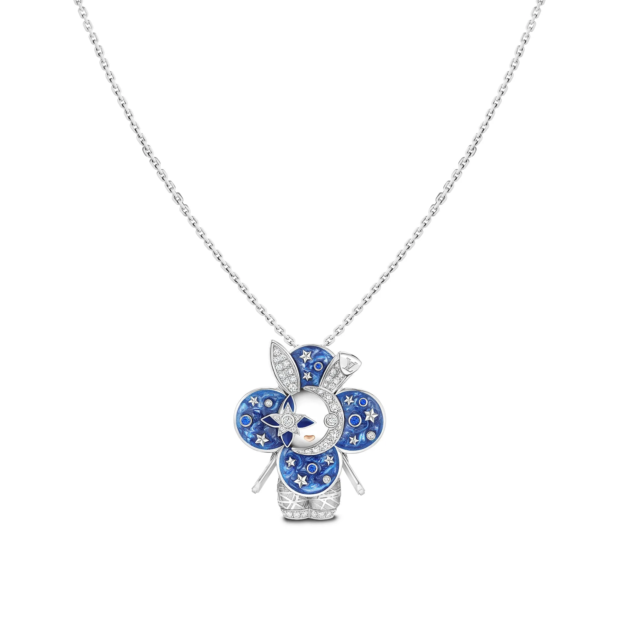 Louis Vuitton Replica Vivienne Rabbit Pendant fake diamond necklace White Gold Lacquer Colored Gemstones