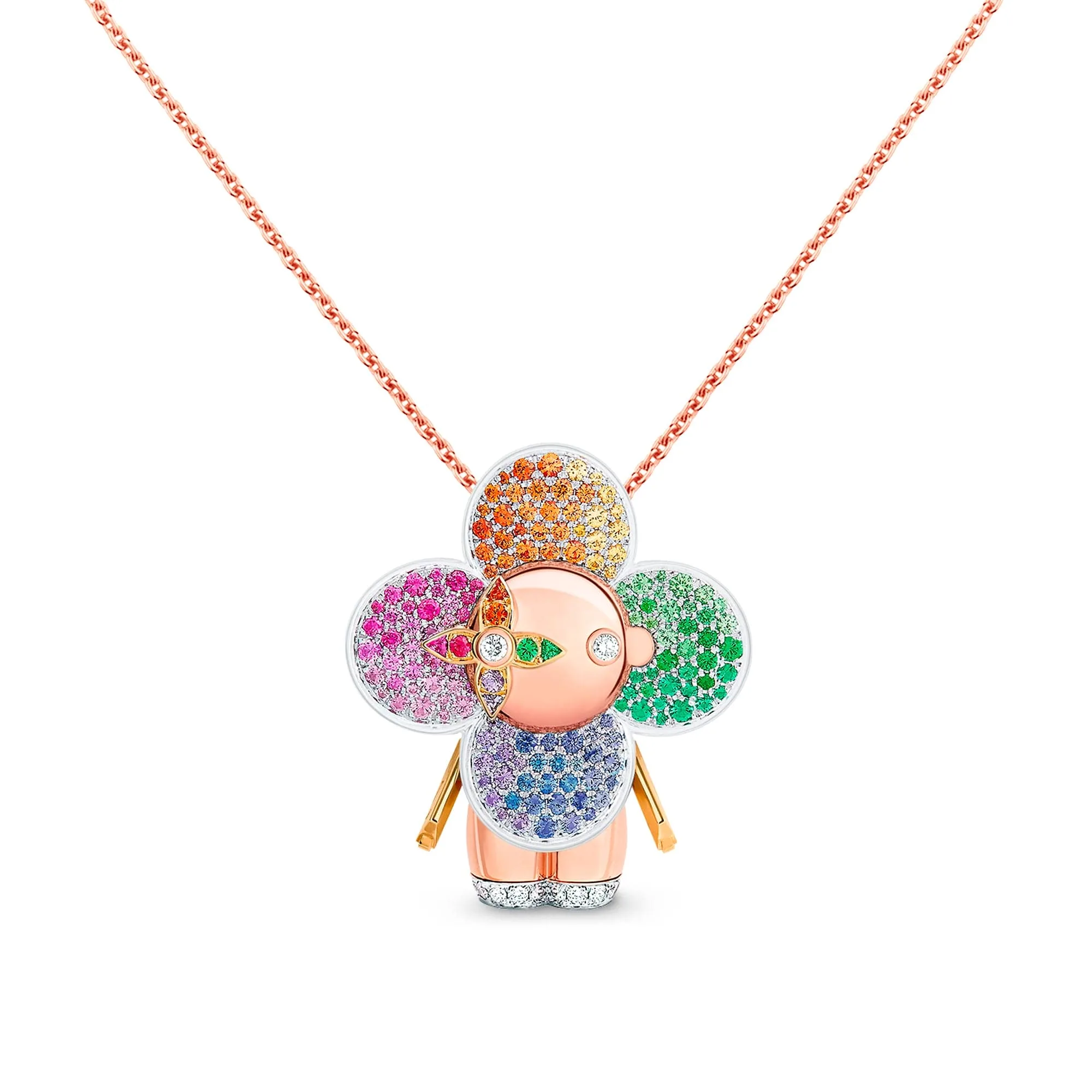Louis Vuitton Replica Vivienne Rainbow Pendant fake diamond necklace 3 Golds Colored Gemstones