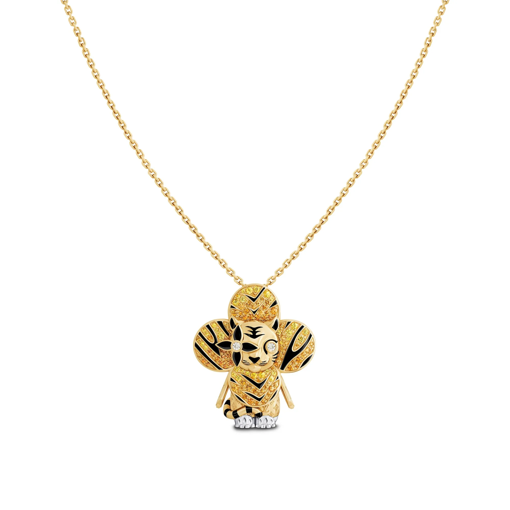 Louis Vuitton Replica Vivienne Tiger Pendant fake diamond necklace Yellow Gold White Gold Lacquer Colored Gemstones