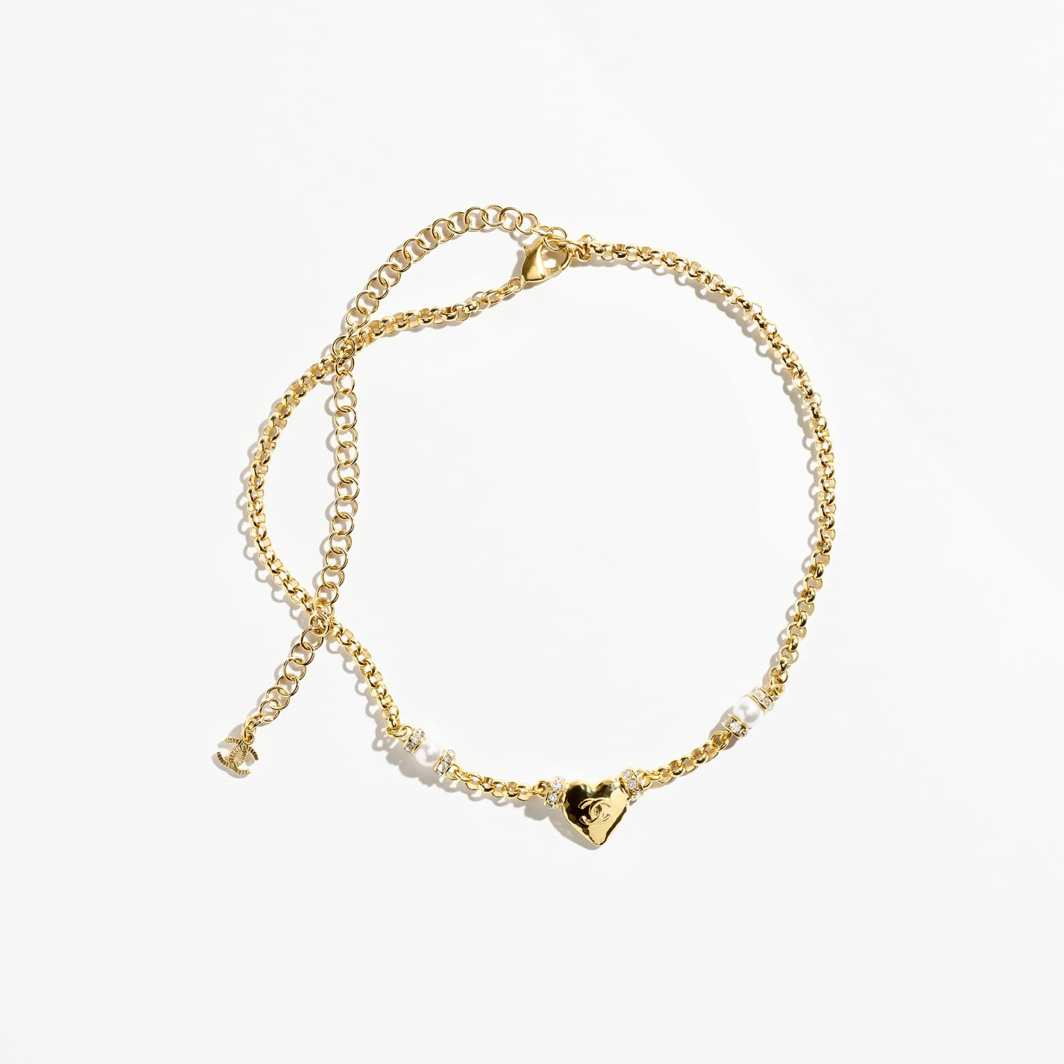 Gold Pearly White & Crystal fake chanel necklace