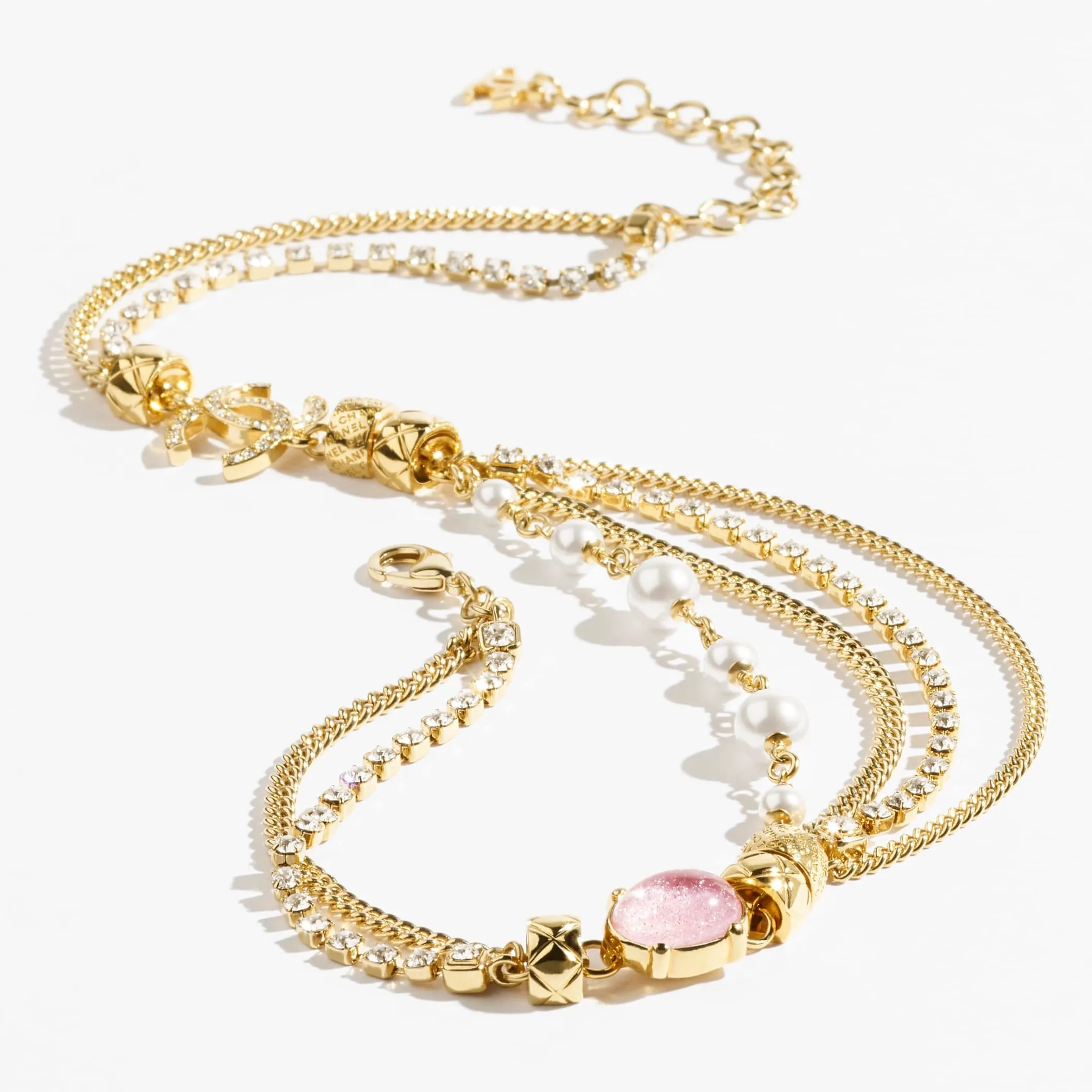 Gold Pearly White Pearly Pink & Crystal fake chanel necklace