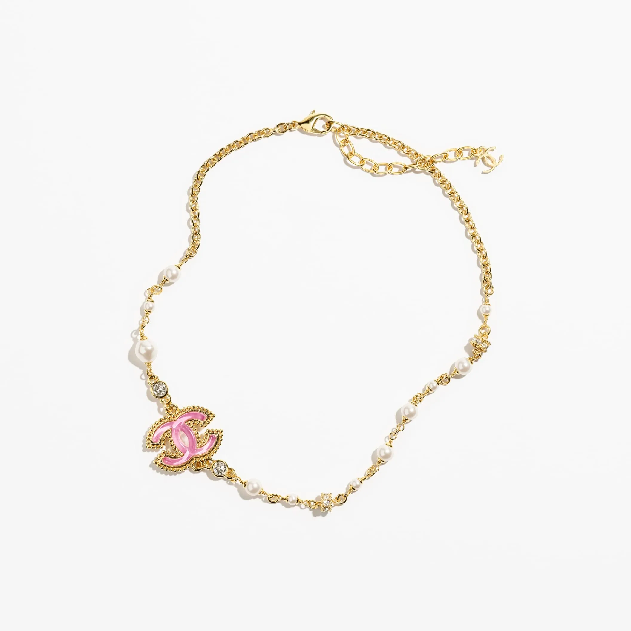 Gold Pink Pearly White & Crystal fake chanel necklace