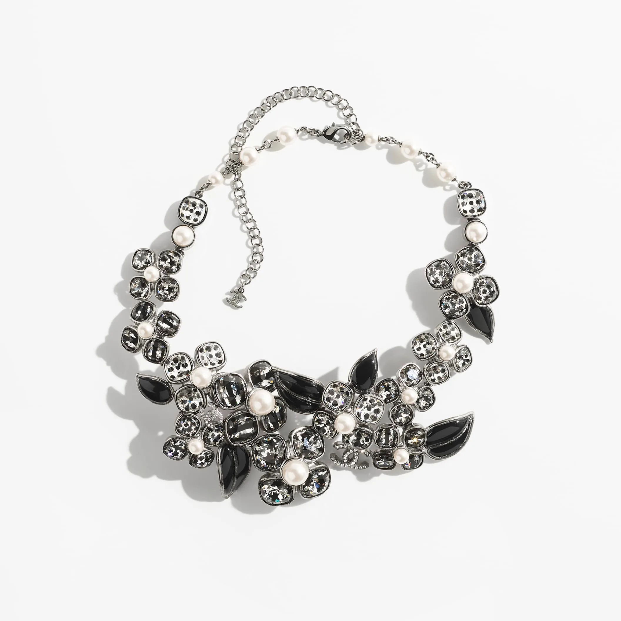Ruthenium Black Pearly White & Crystal fake chanel necklace