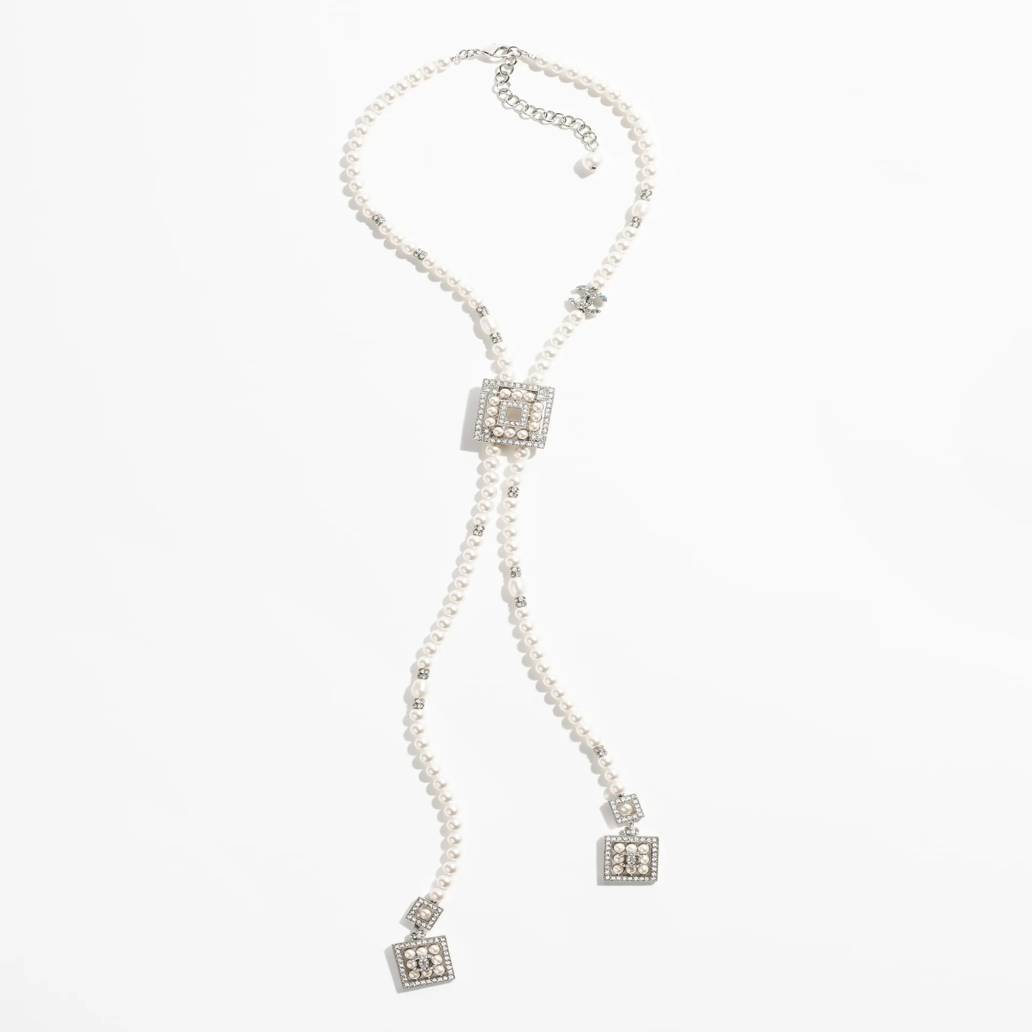 Silver Pearly White & Crystal fake chanel necklace