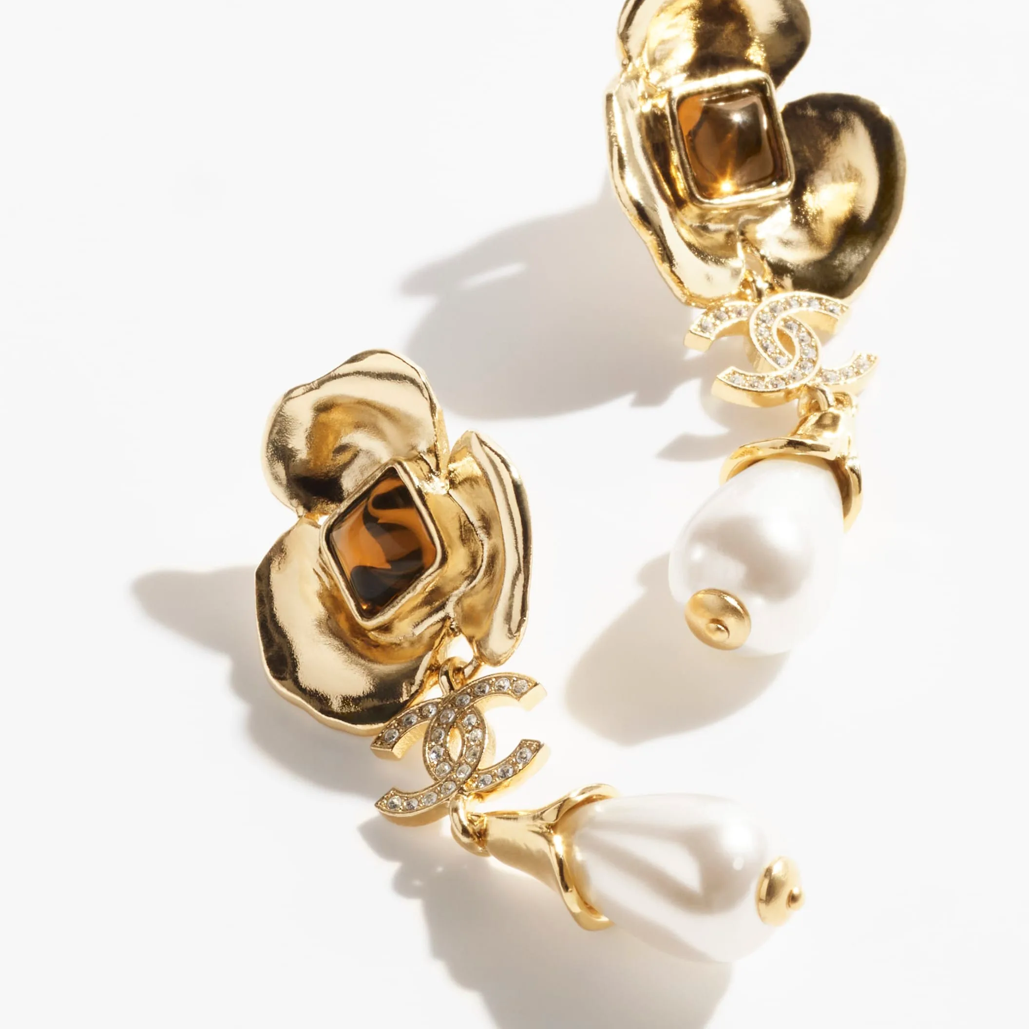 Gold Brown Pearly White & Crystal pendant Fake chanel earrings