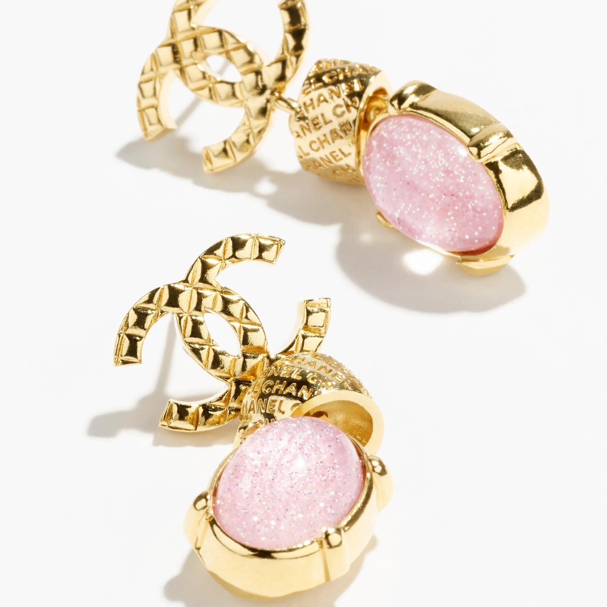 Gold & Pearly Pink pendant Fake chanel earrings