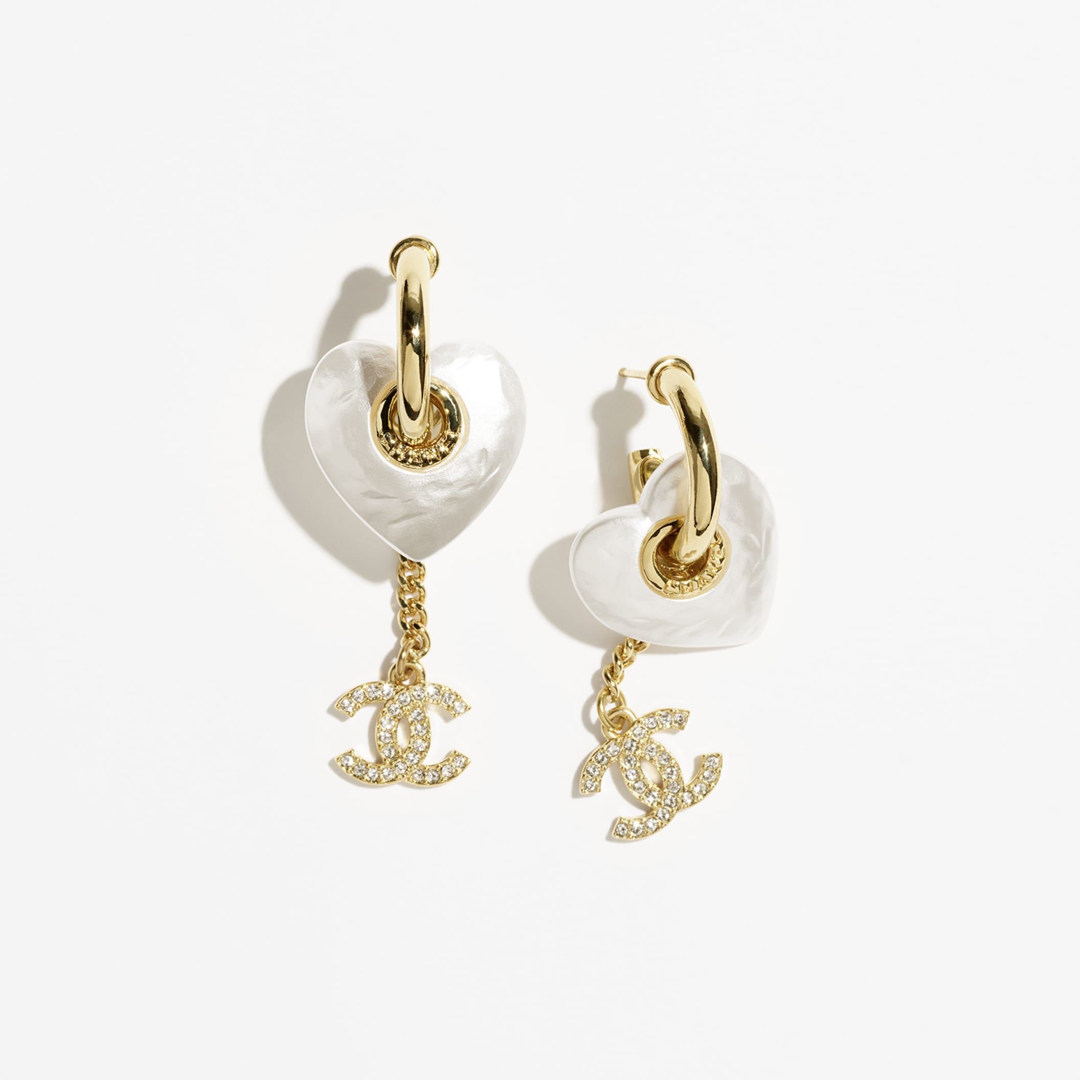 Gold Pearly White & Crystal pendant Fake chanel earrings