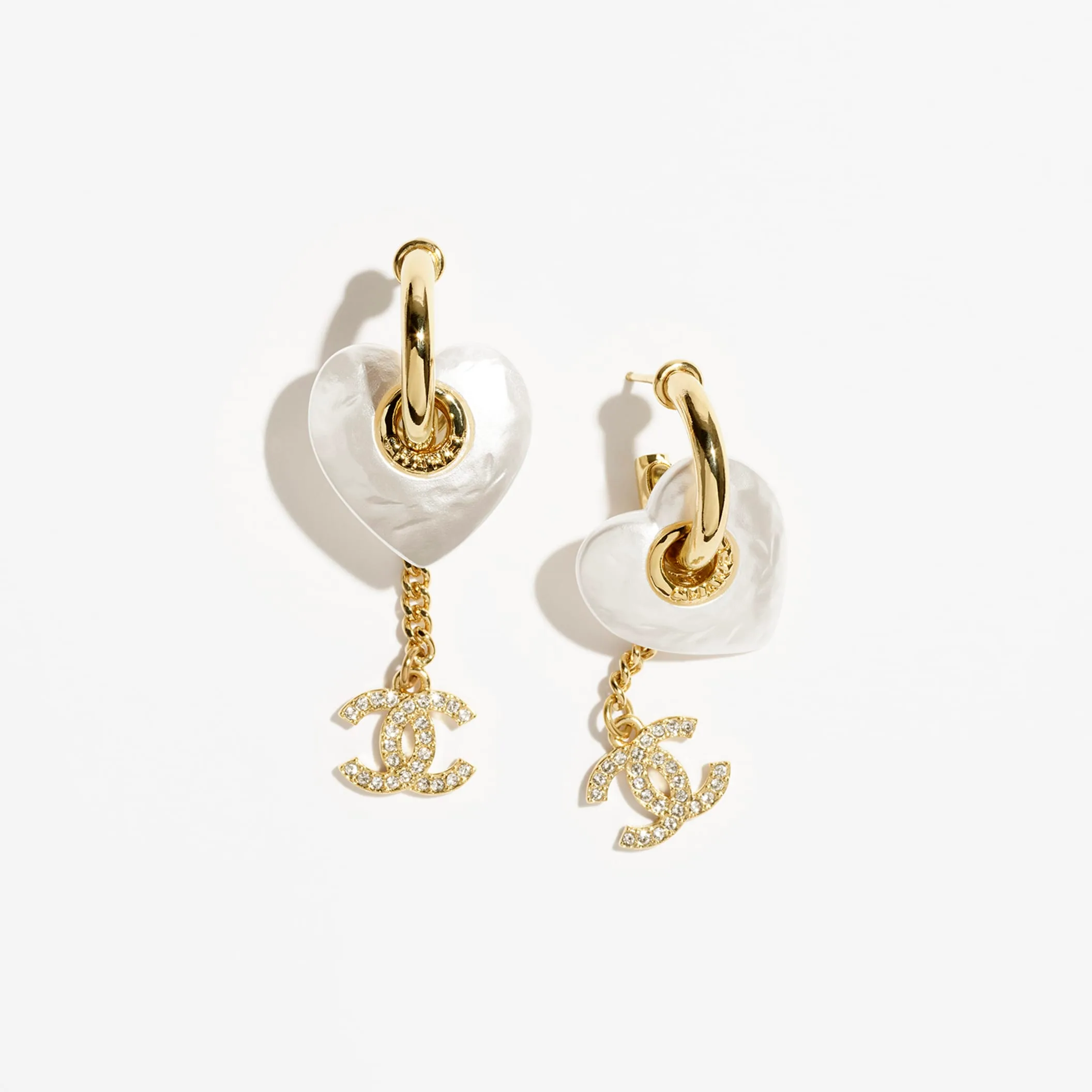 Gold Pearly White & Crystal pendant Fake chanel earrings