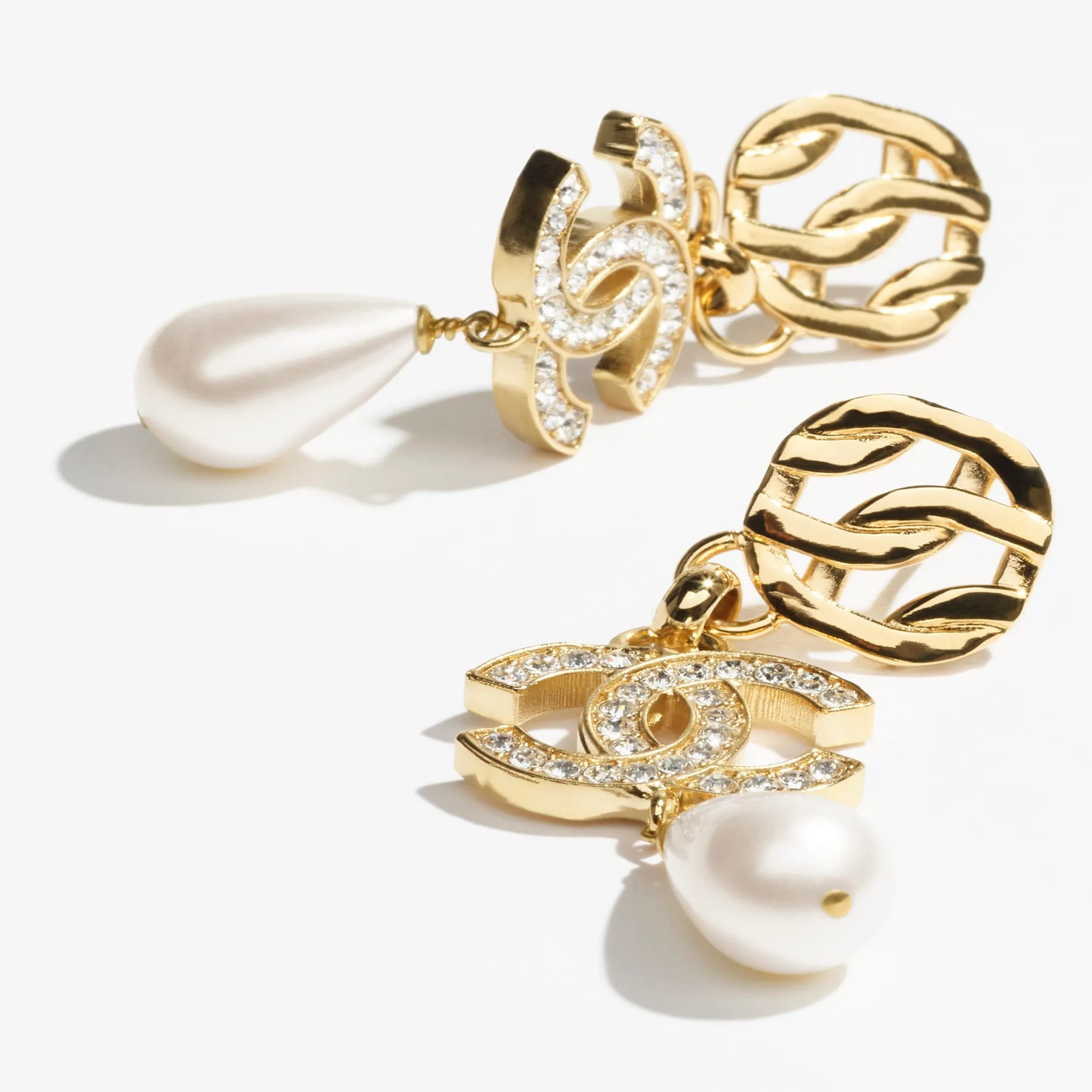 Gold Pearly White & Crystal pendant Fake chanel earrings