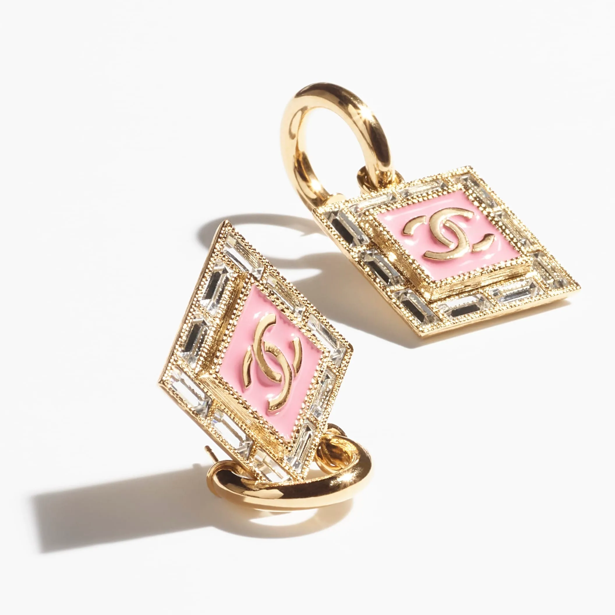 Gold Pink & Crystal pendant Fake chanel earrings